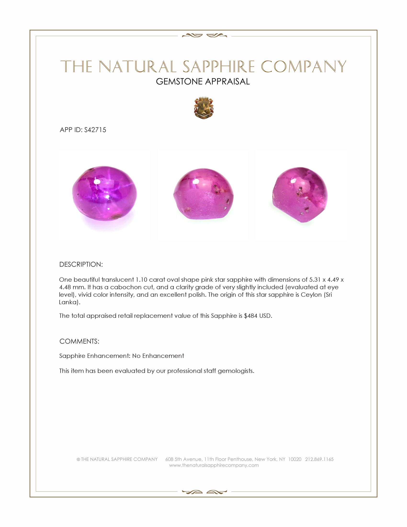 1.10 Ct. Pink Star Sapphire from Ceylon (Sri Lanka)