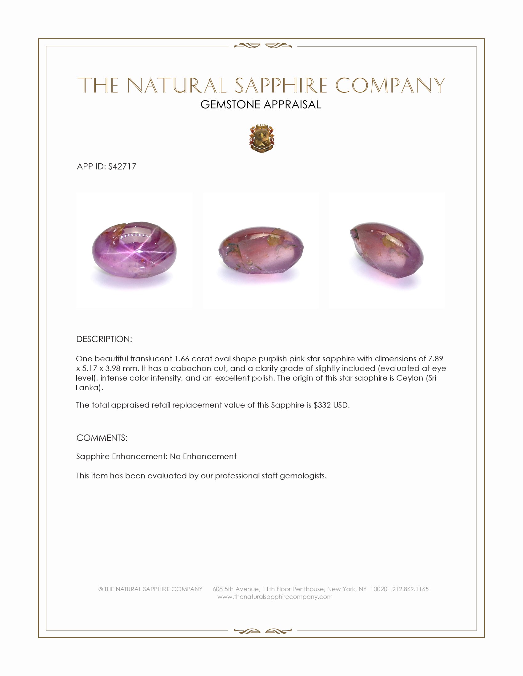 1.66 Ct. Purplish Pink Star Sapphire from Ceylon (Sri Lanka)