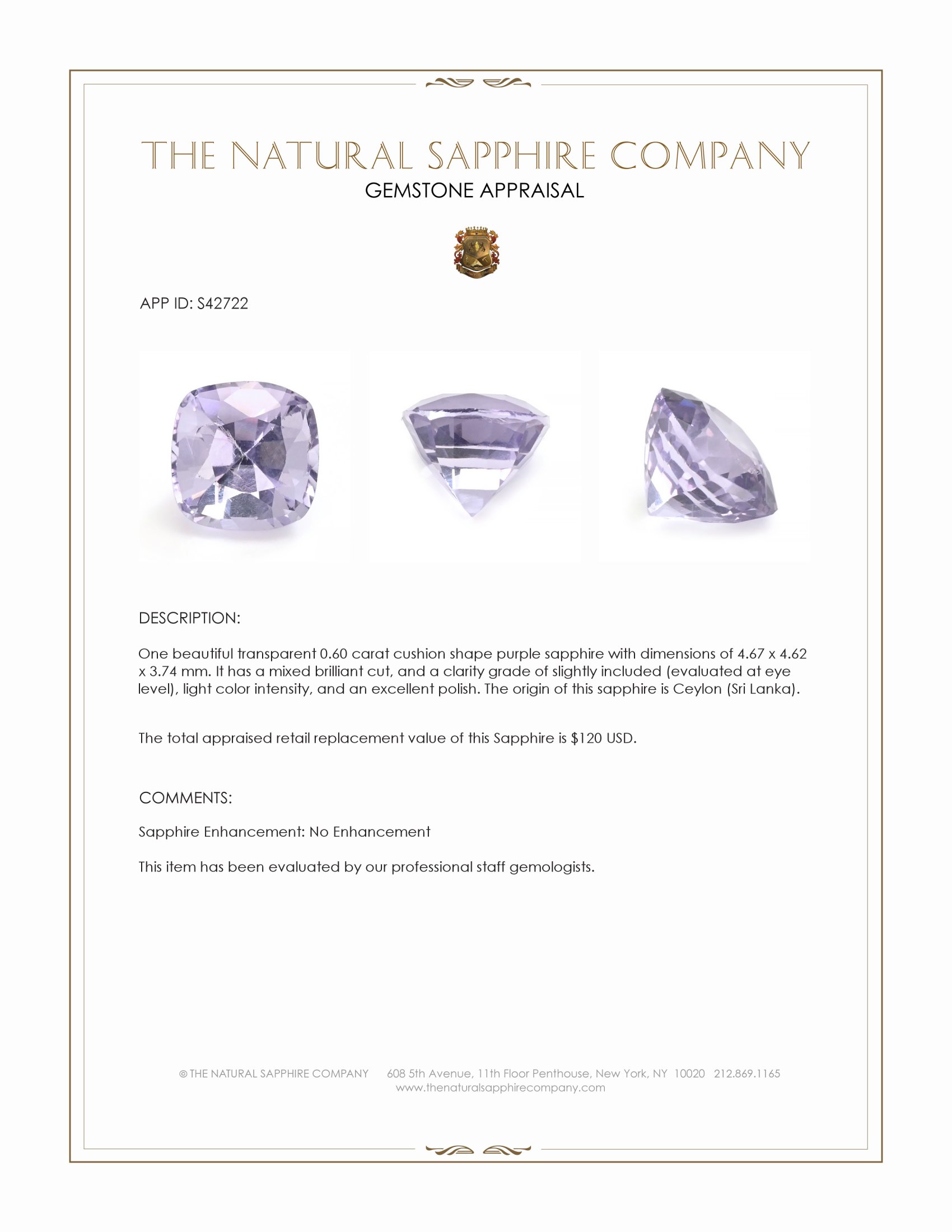 0.60 Ct. Purple Sapphire from Ceylon (Sri Lanka)