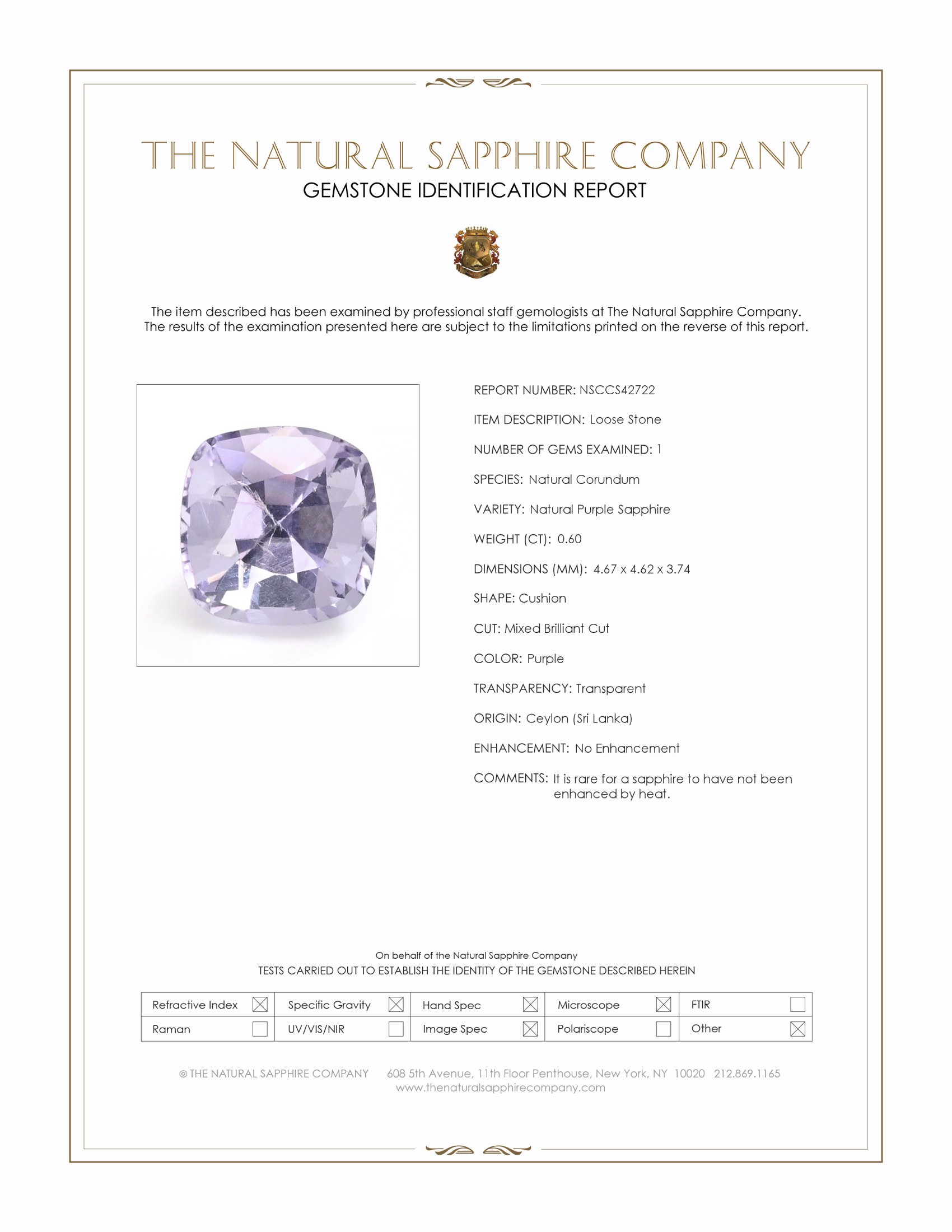 0.60 Ct. Purple Sapphire from Ceylon (Sri Lanka)