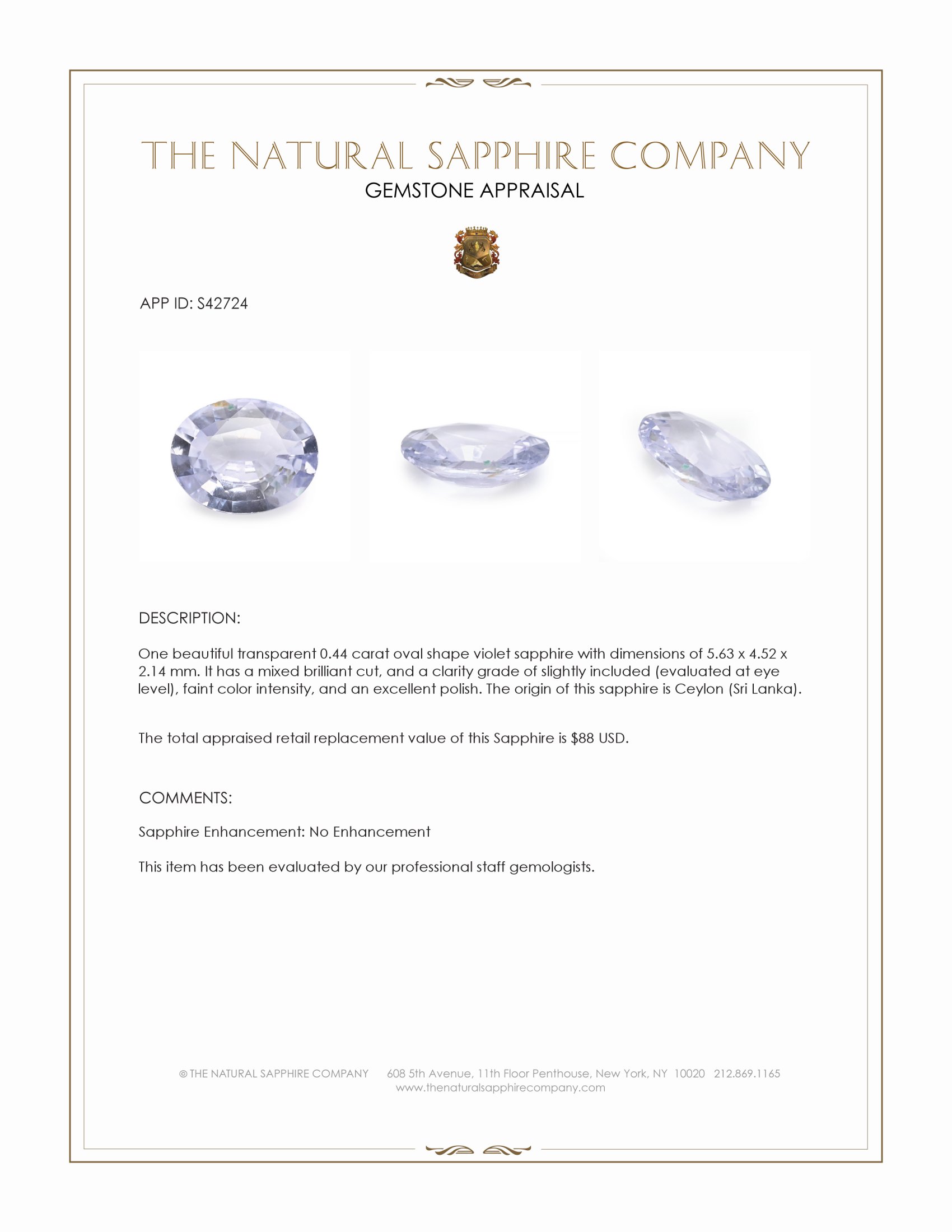 0.44 Ct. Violet Sapphire from Ceylon (Sri Lanka)
