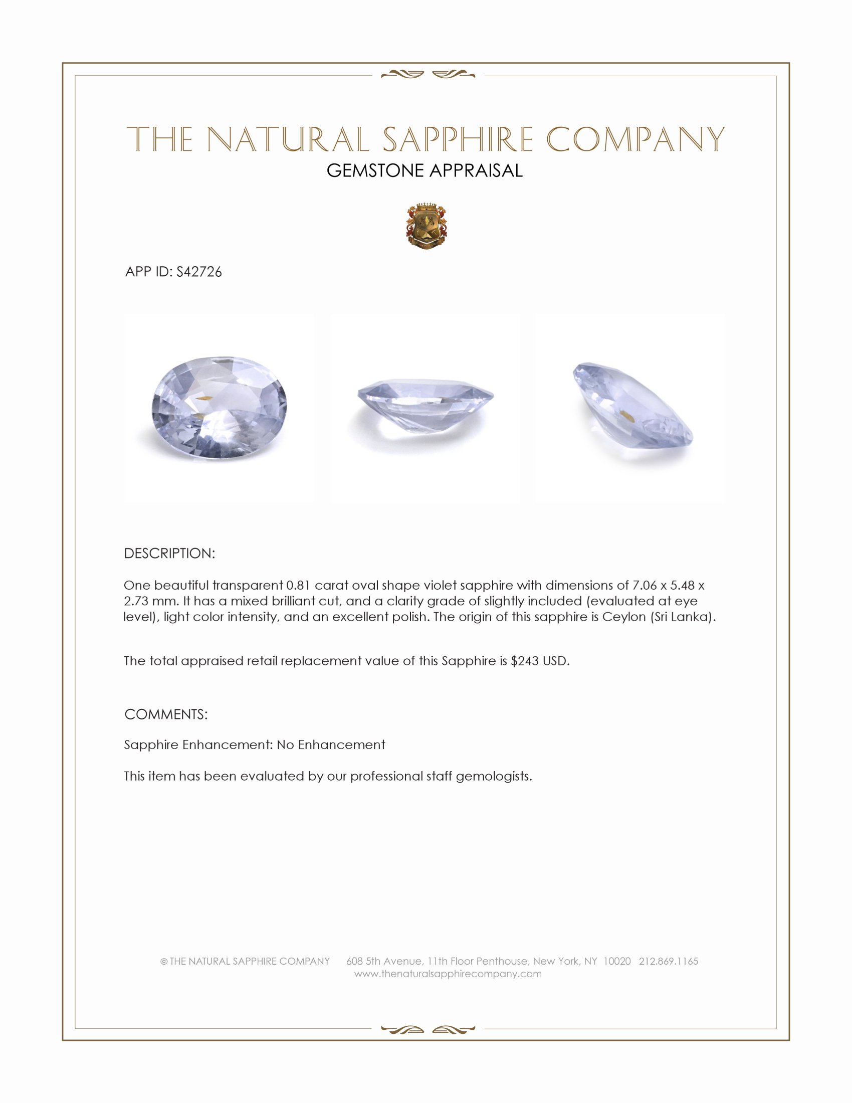 0.81 Ct. Violet Sapphire from Ceylon (Sri Lanka)