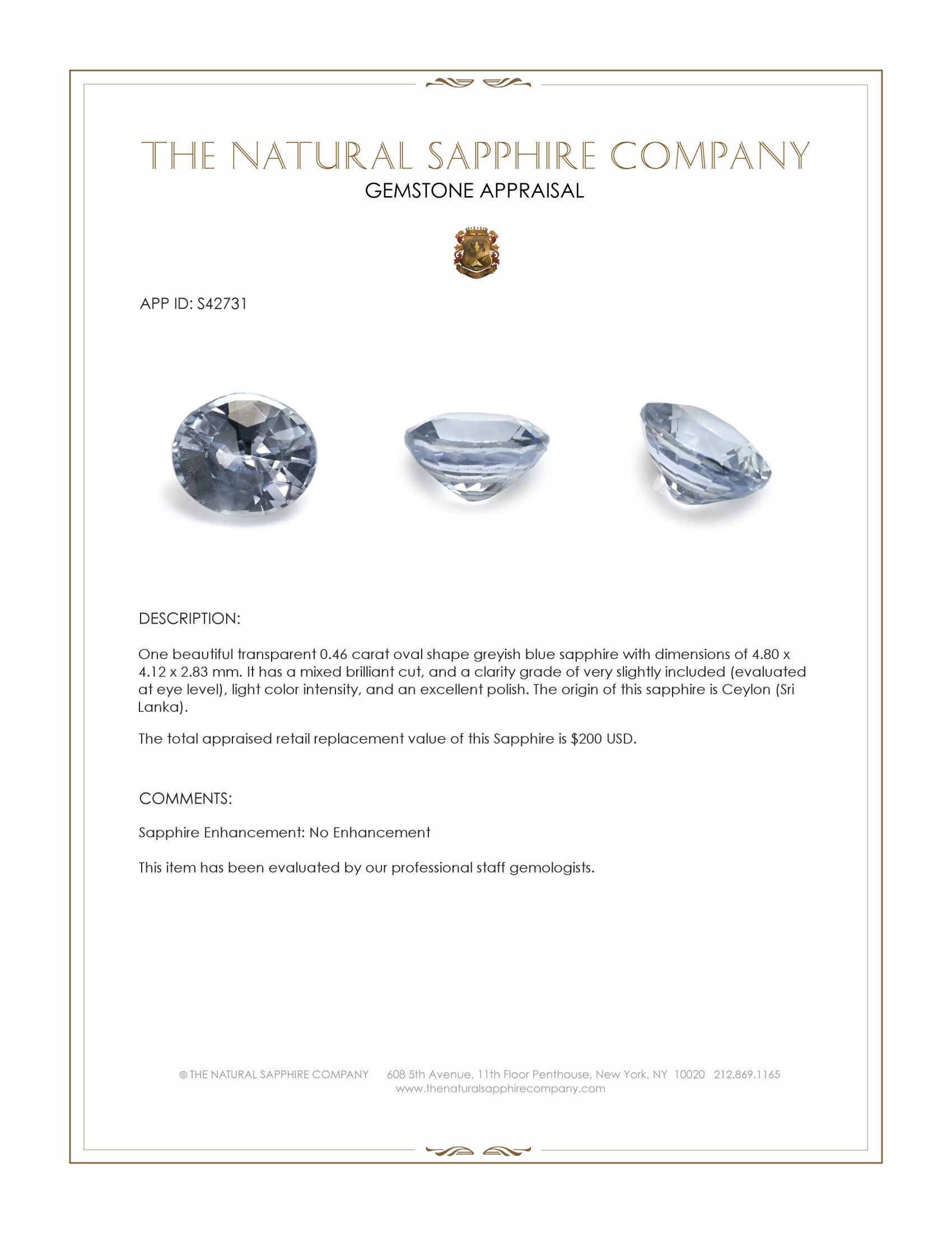 0.46 Ct. Greyish Blue Sapphire from Ceylon (Sri Lanka)