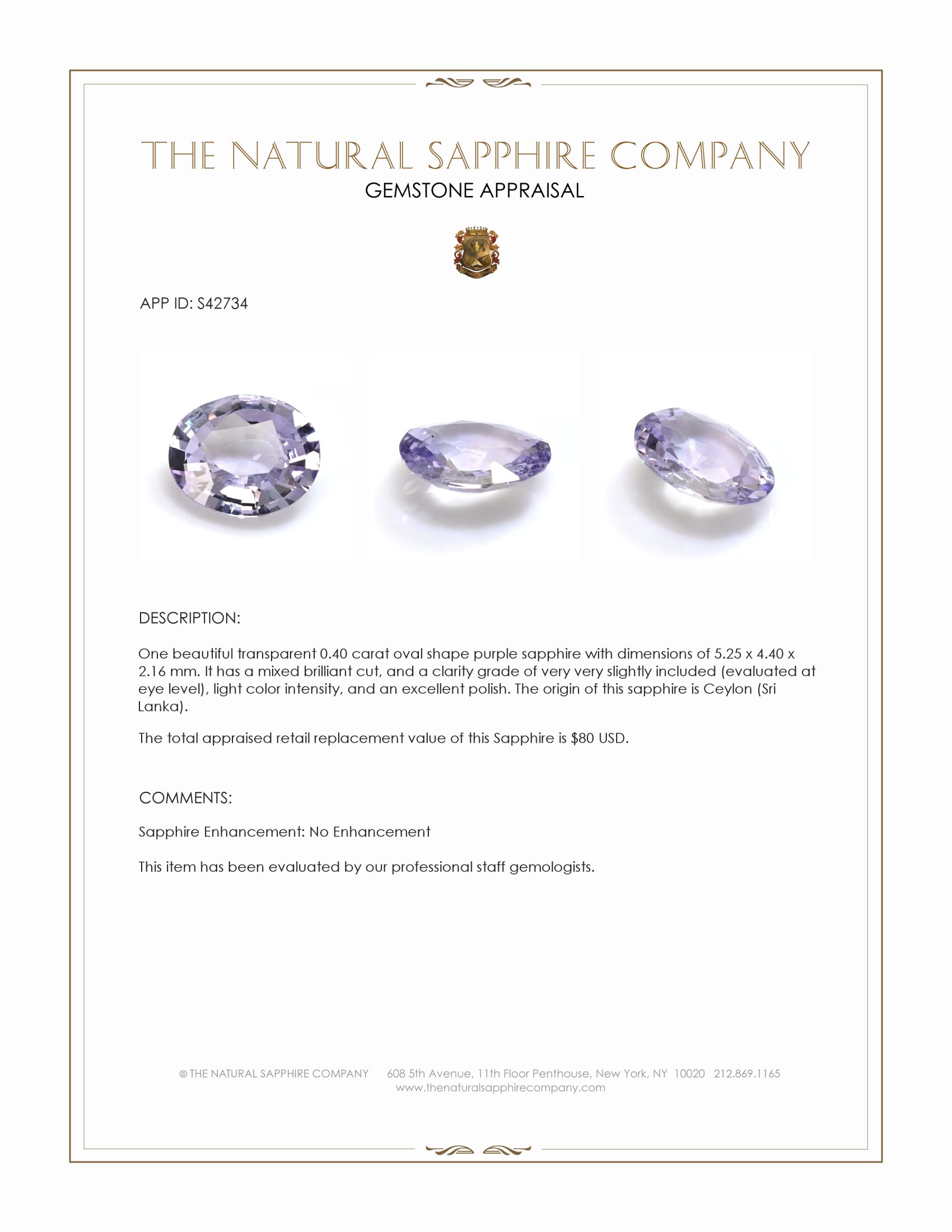 0.40 Ct. Purple Sapphire from Ceylon (Sri Lanka)