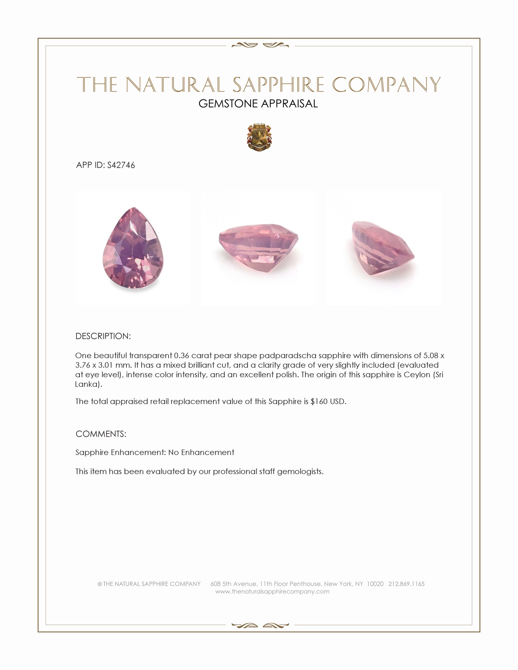 0.36 Ct. Padparadscha Sapphire from Ceylon (Sri Lanka)