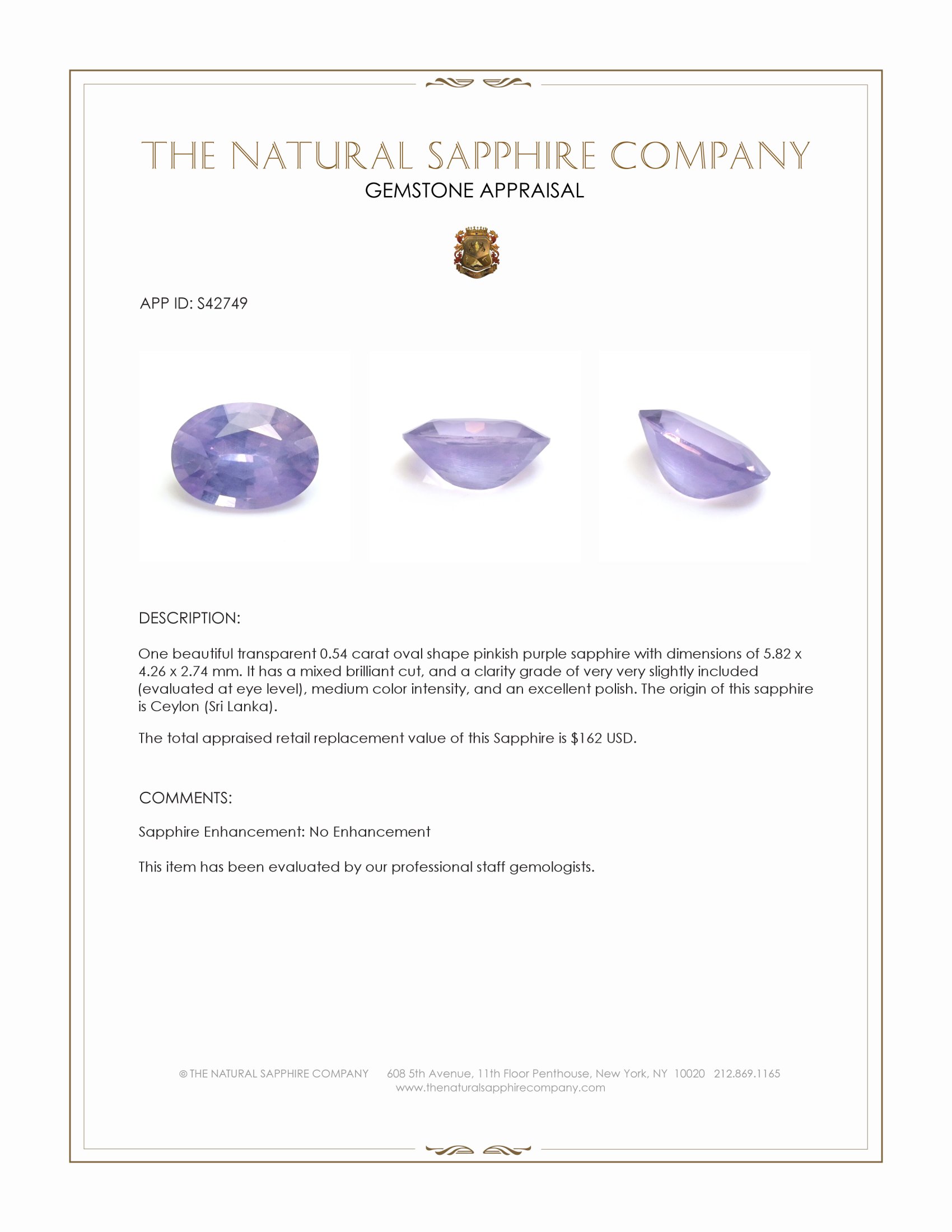 0.54 Ct. Pinkish Purple Sapphire from Ceylon (Sri Lanka)