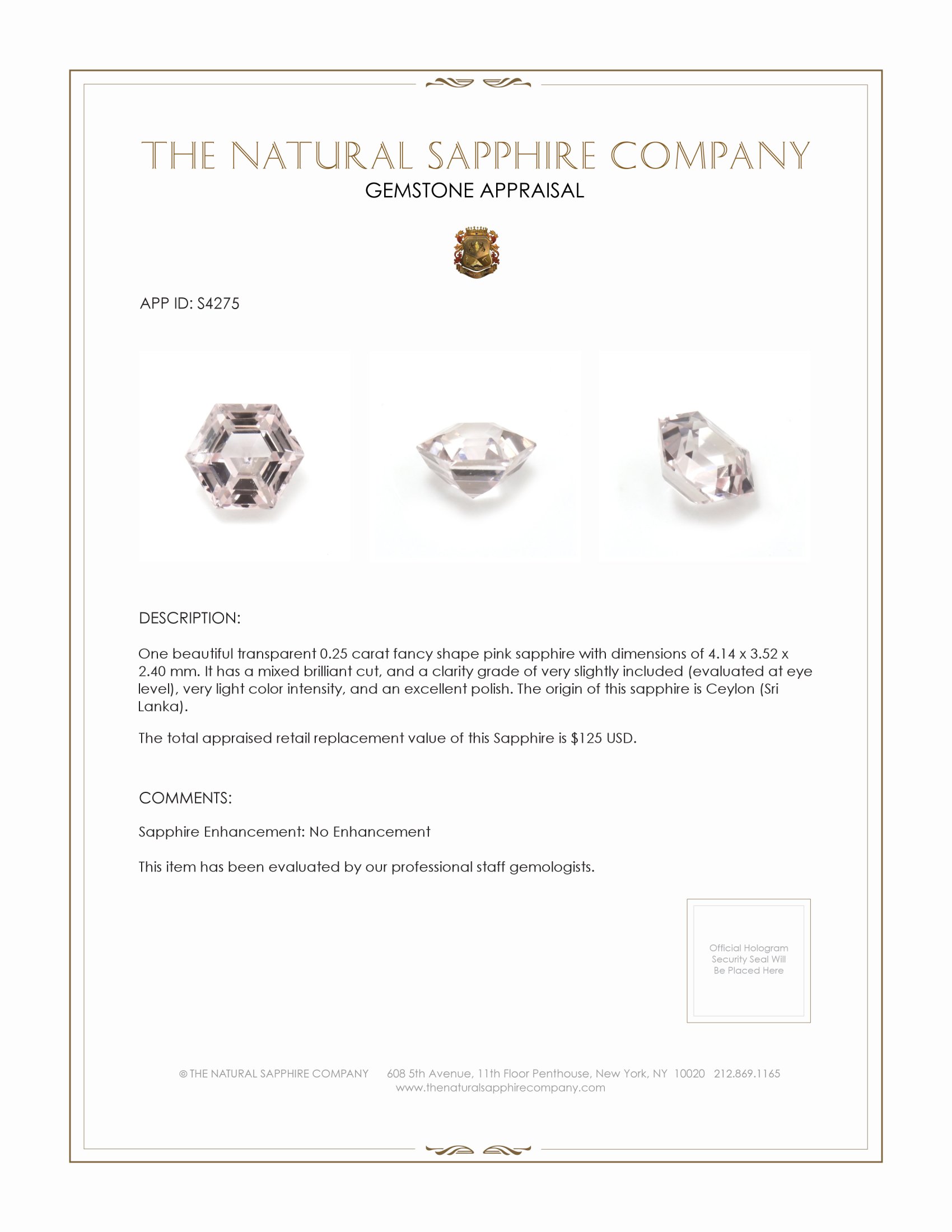 0.25 Ct. Pink Sapphire from Ceylon (Sri Lanka)