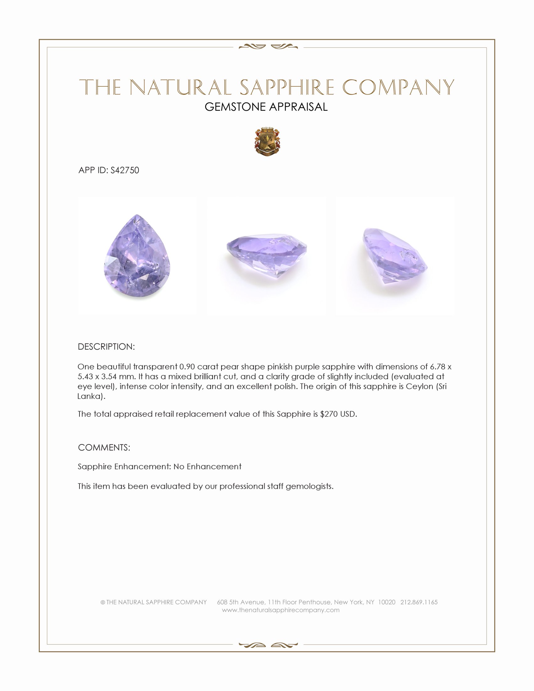 0.90 Ct. Pinkish Purple Sapphire from Ceylon (Sri Lanka)