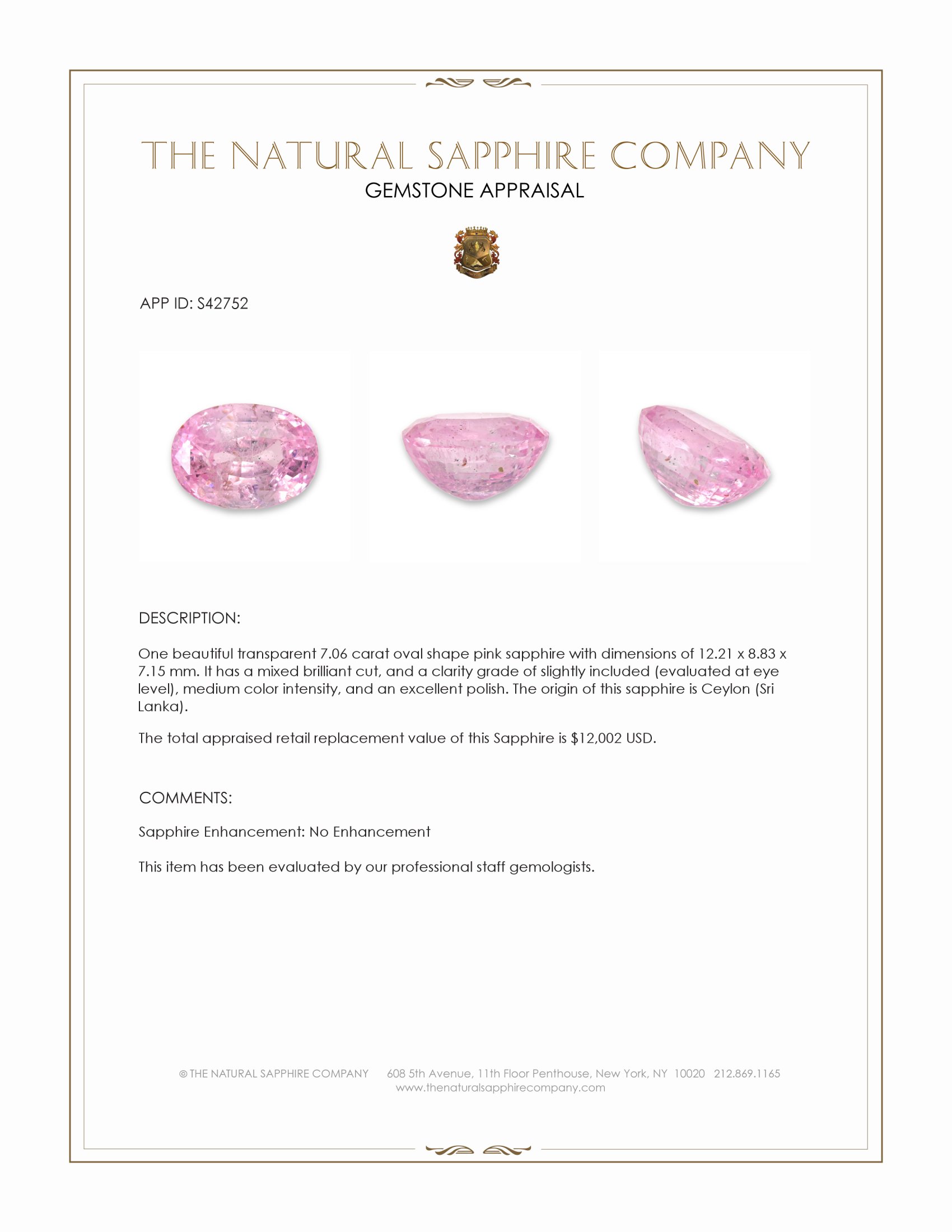 7.06 Ct. Pink Sapphire from Ceylon (Sri Lanka)