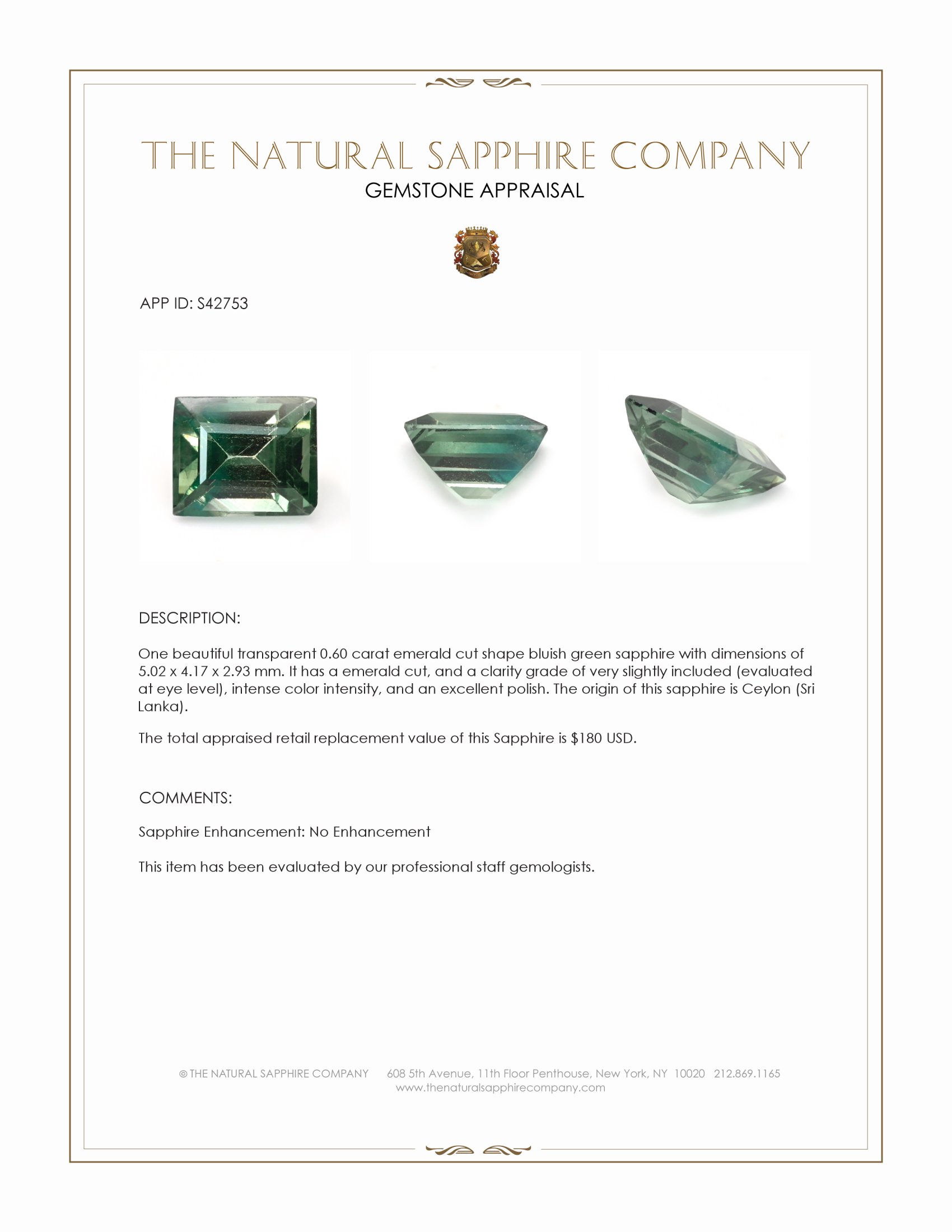 0.60 Ct. Bluish Green Sapphire from Ceylon (Sri Lanka)