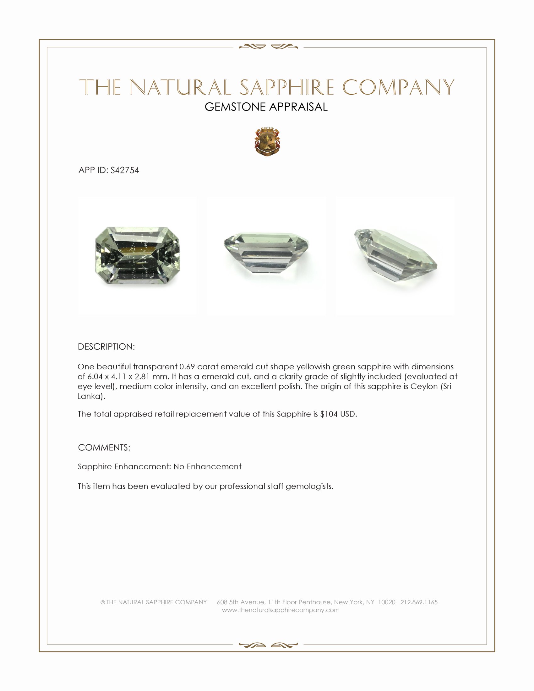 0.69 Ct. Yellowish Green Sapphire from Ceylon (Sri Lanka)