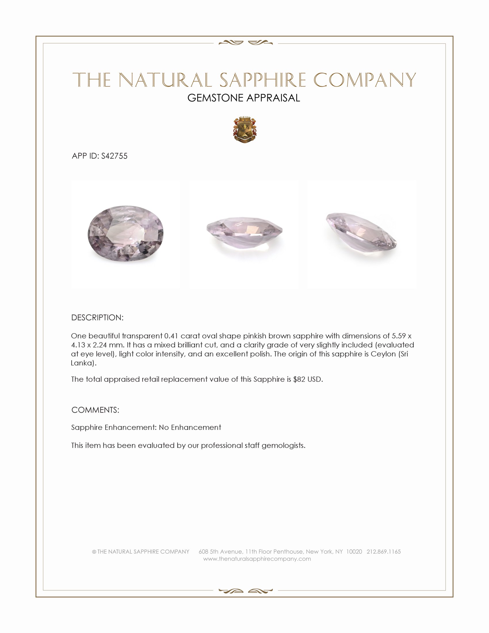 0.41 Ct. Pinkish Brown Sapphire from Ceylon (Sri Lanka)