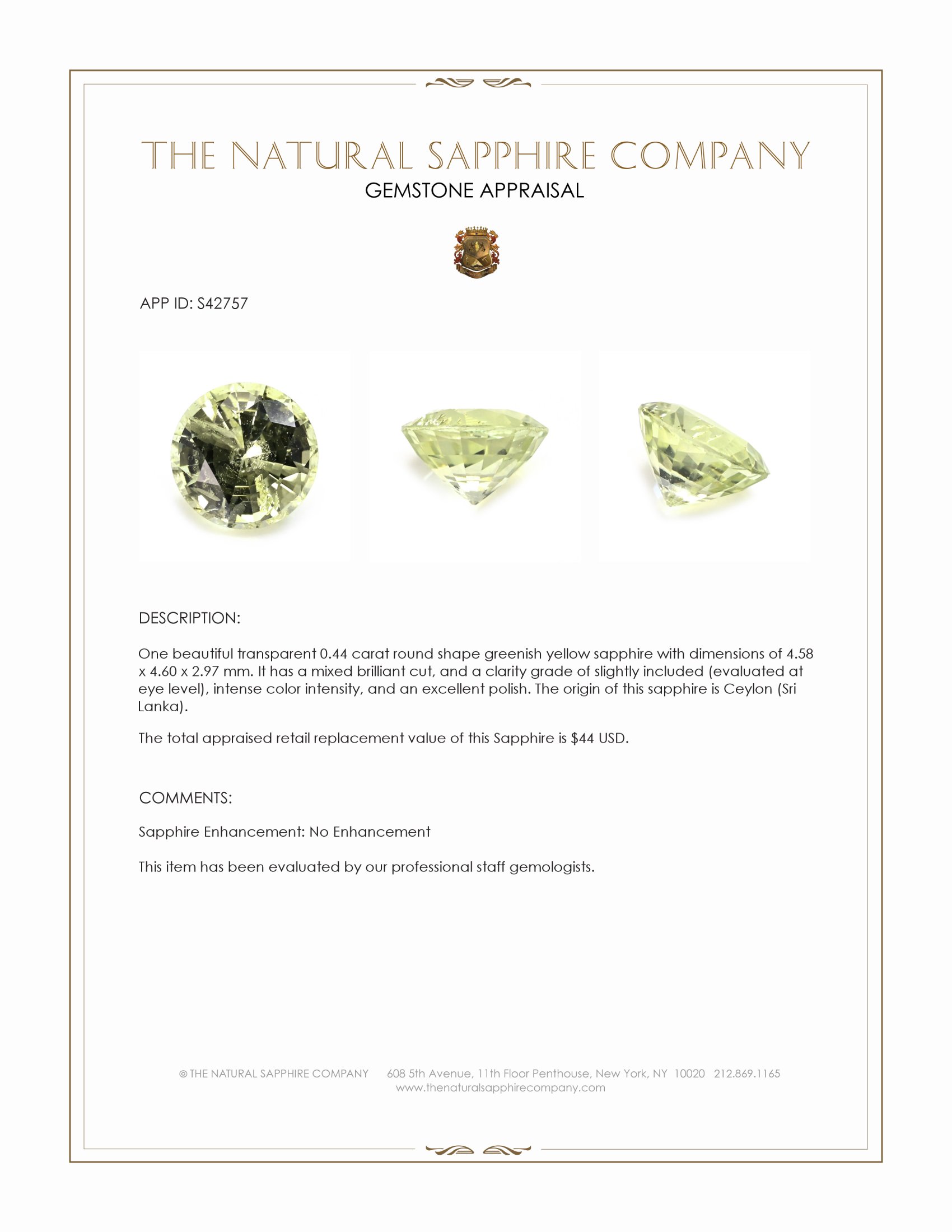 0.44 Ct. Greenish Yellow Sapphire from Ceylon (Sri Lanka)