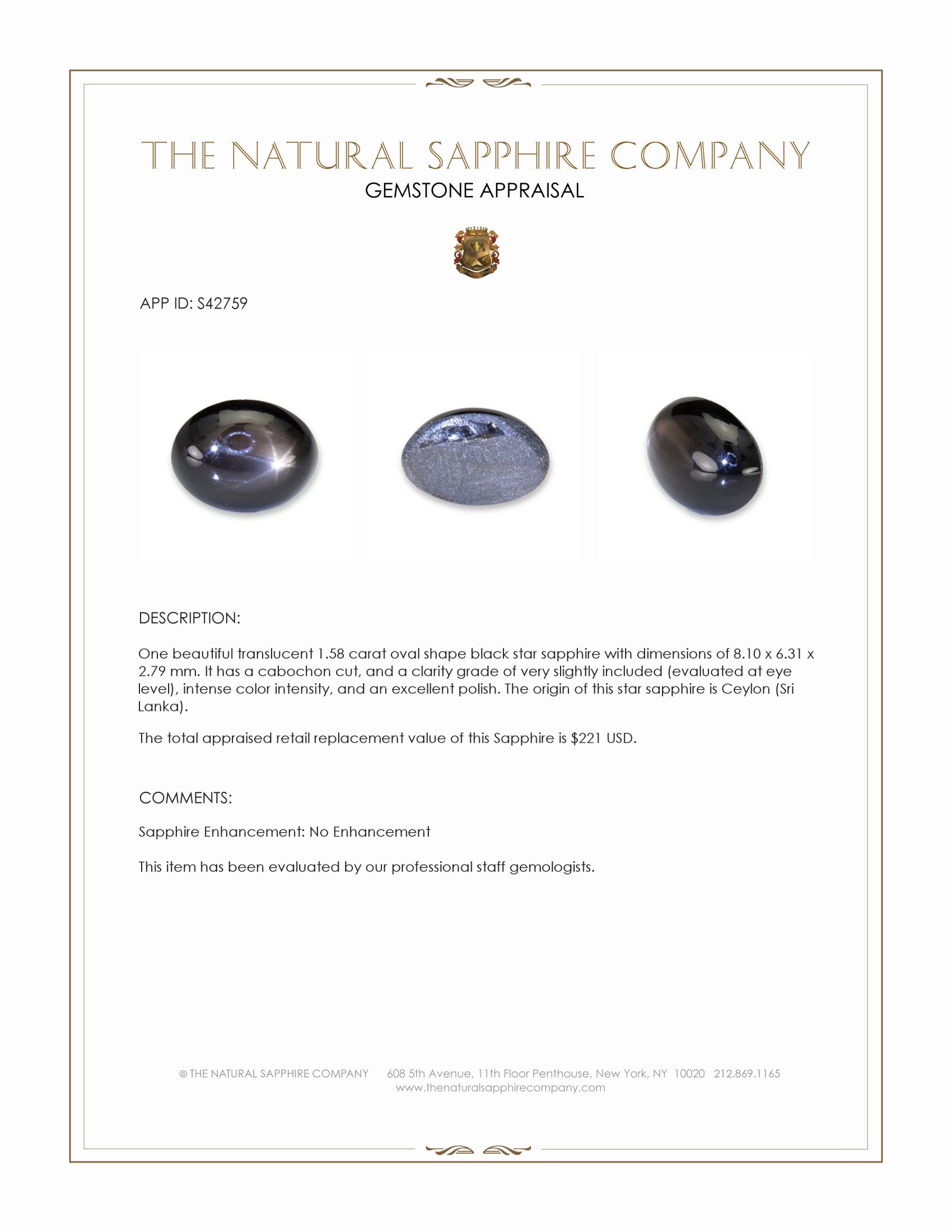1.58 Ct. Black Star Sapphire from Ceylon (Sri Lanka)