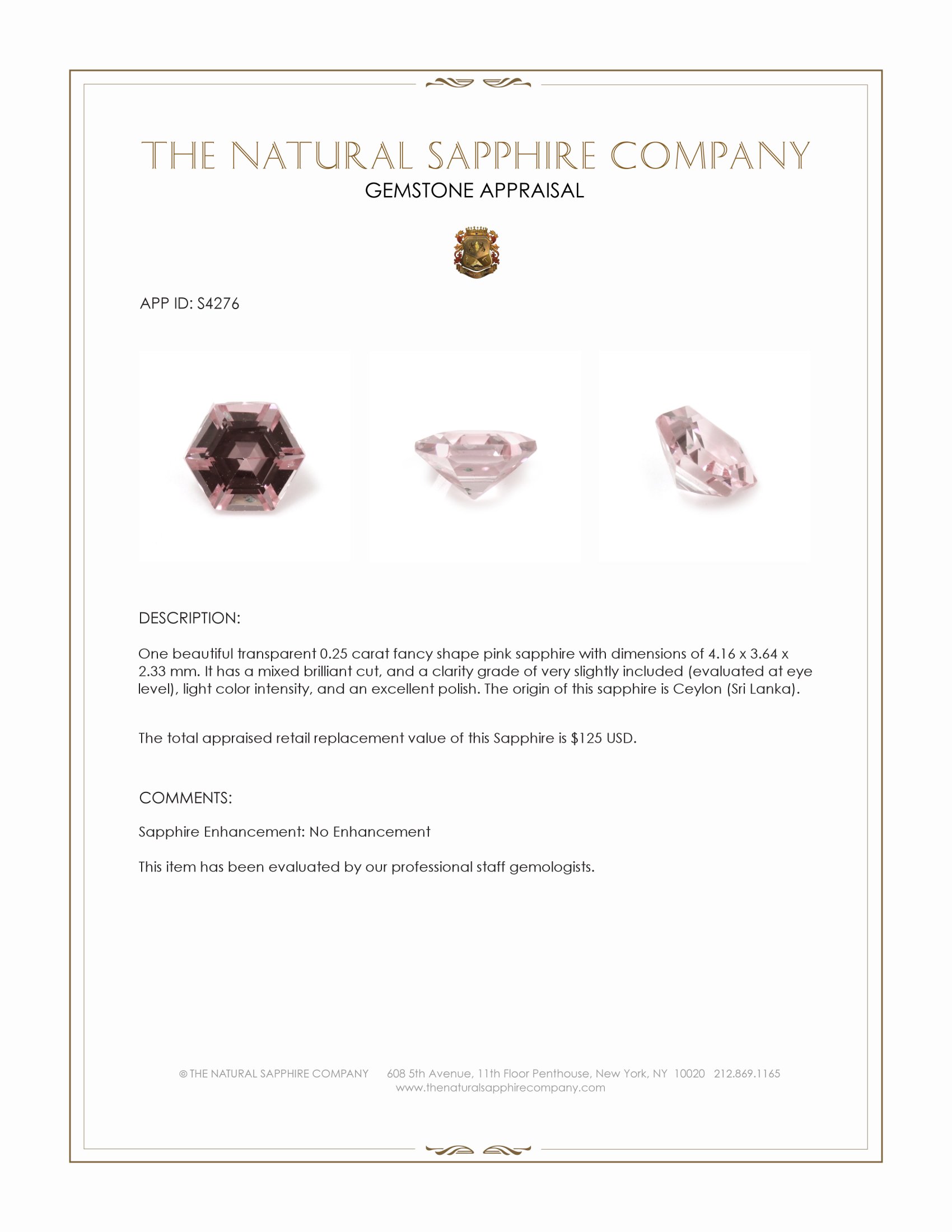 0.25 Ct. Pink Sapphire from Ceylon (Sri Lanka)