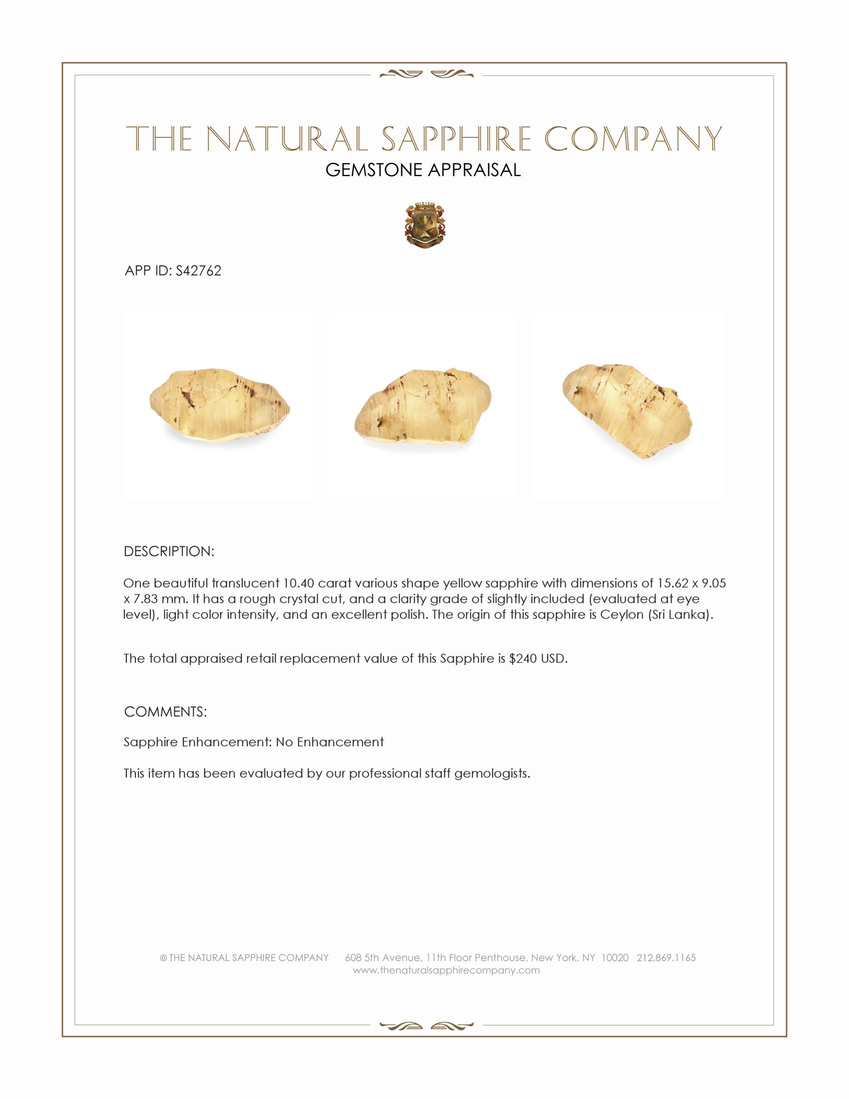 10.40 Ct. Yellow Sapphire from Ceylon (Sri Lanka)