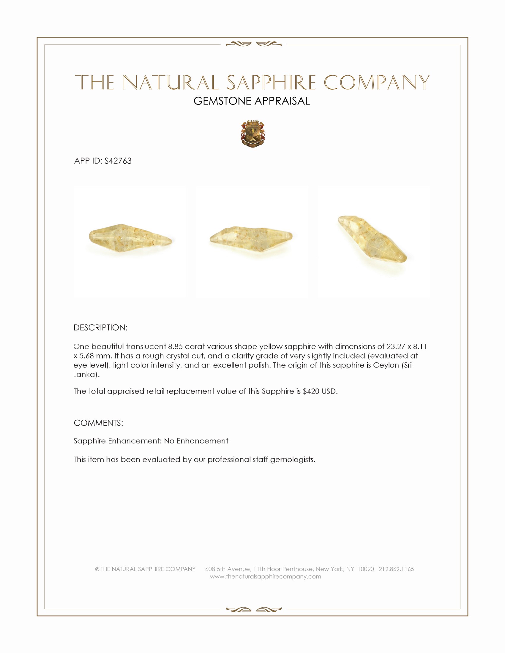 8.85 Ct. Yellow Sapphire from Ceylon (Sri Lanka)