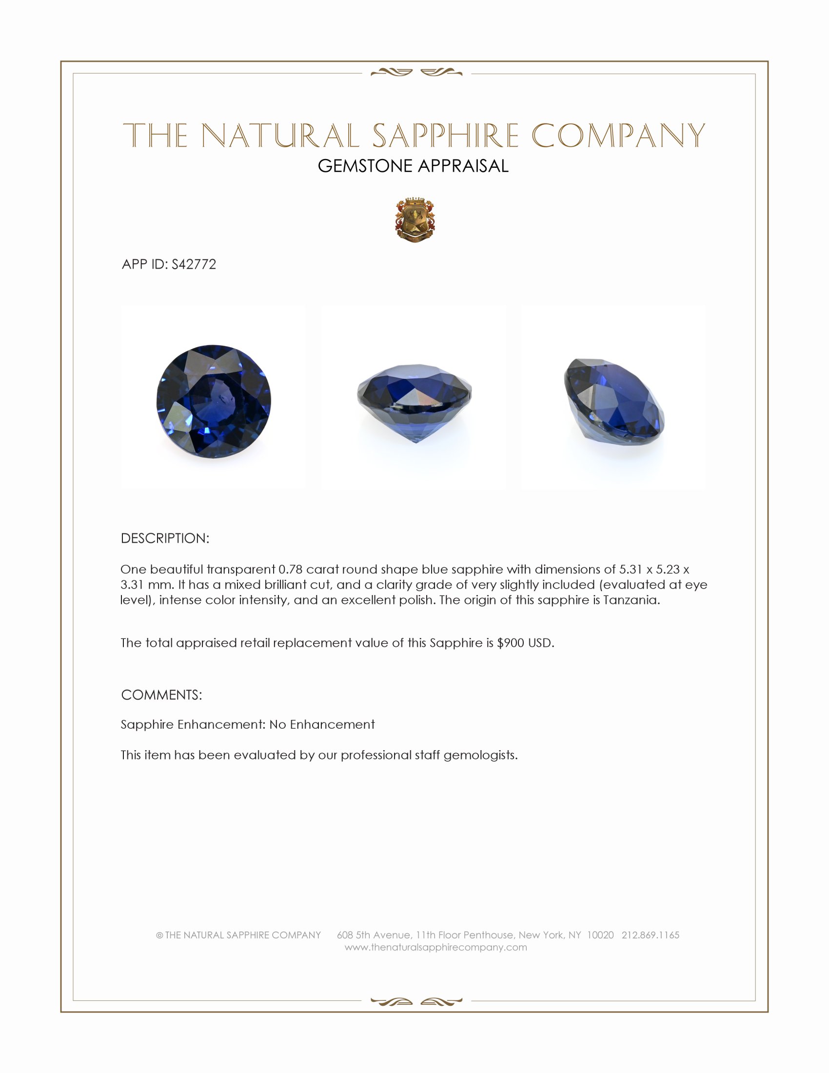 0.78 Ct. Blue Sapphire from Tanzania