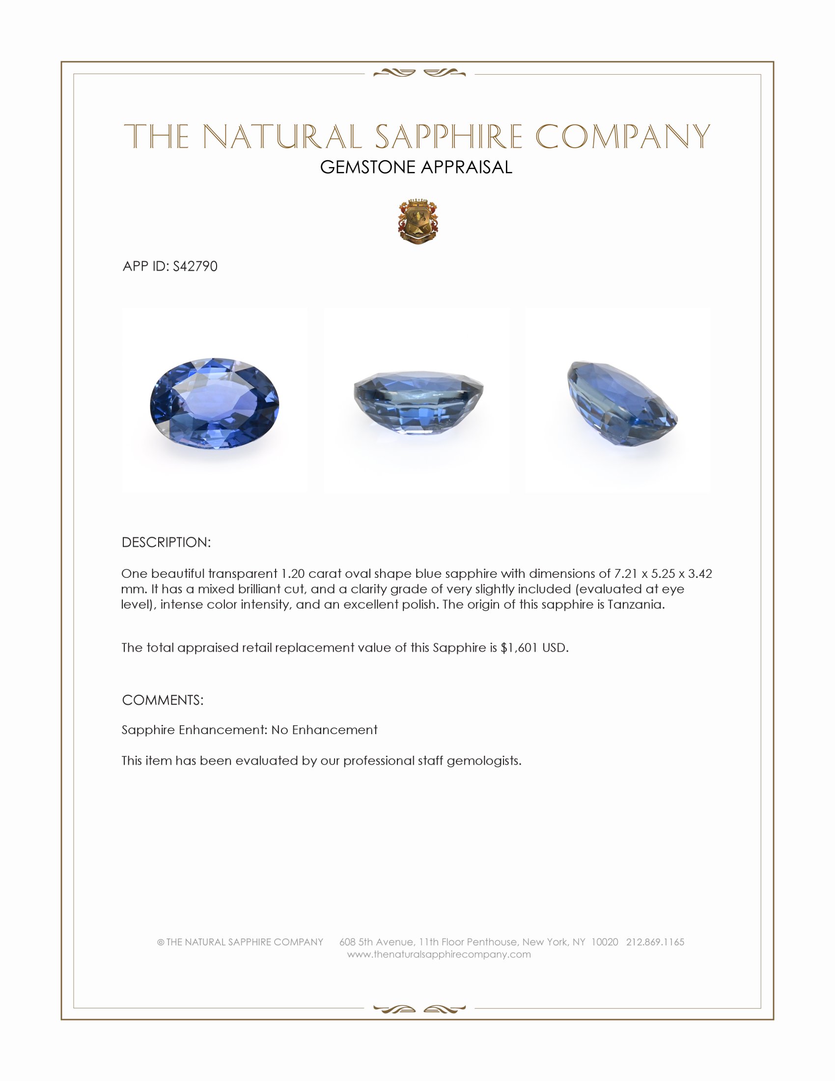 1.20 Ct. Blue Sapphire from Tanzania