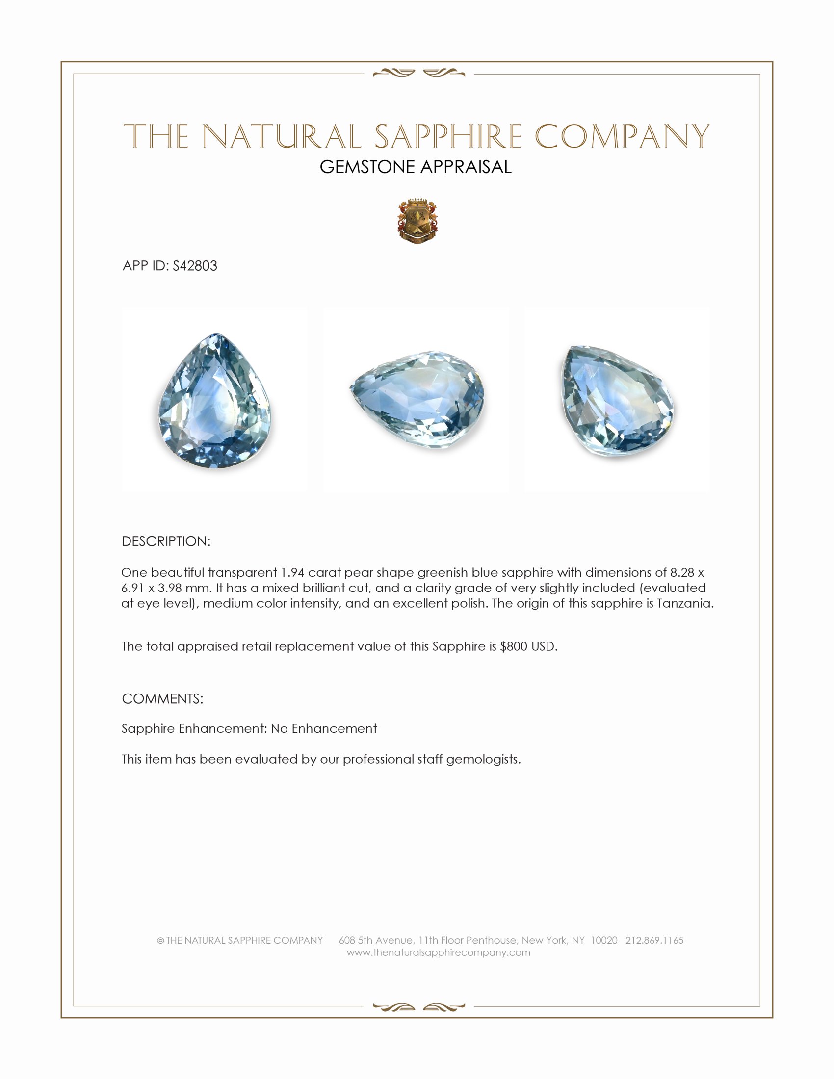 1.94 Ct. Greenish Blue Sapphire from Tanzania