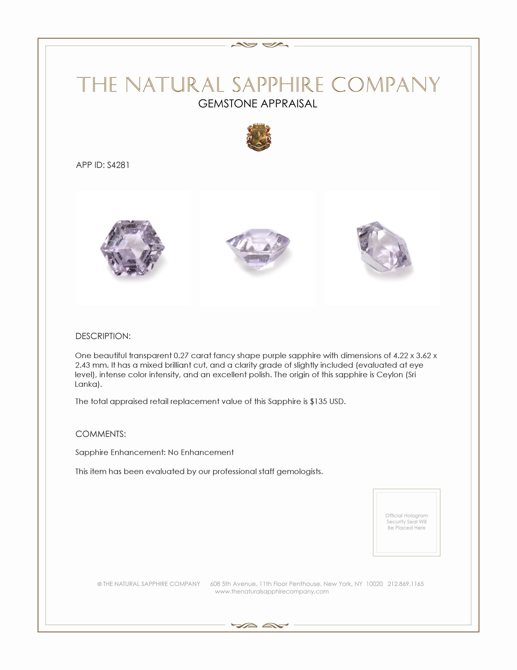 0.27 Ct. Purple Sapphire from Ceylon (Sri Lanka)