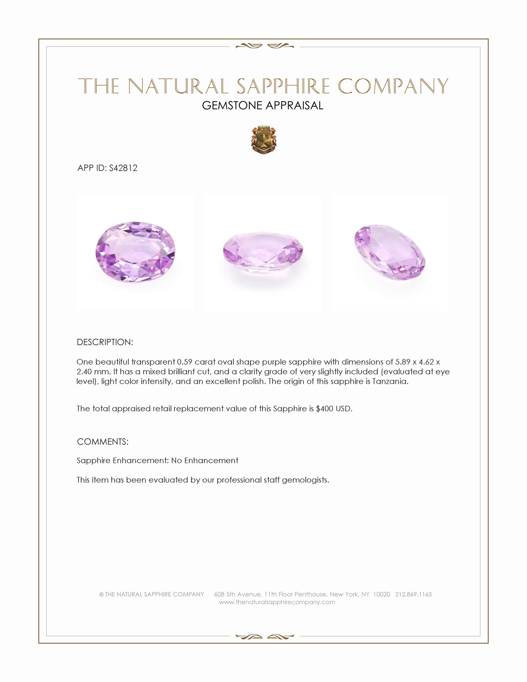 0.59 Ct. Purple Sapphire from Tanzania
