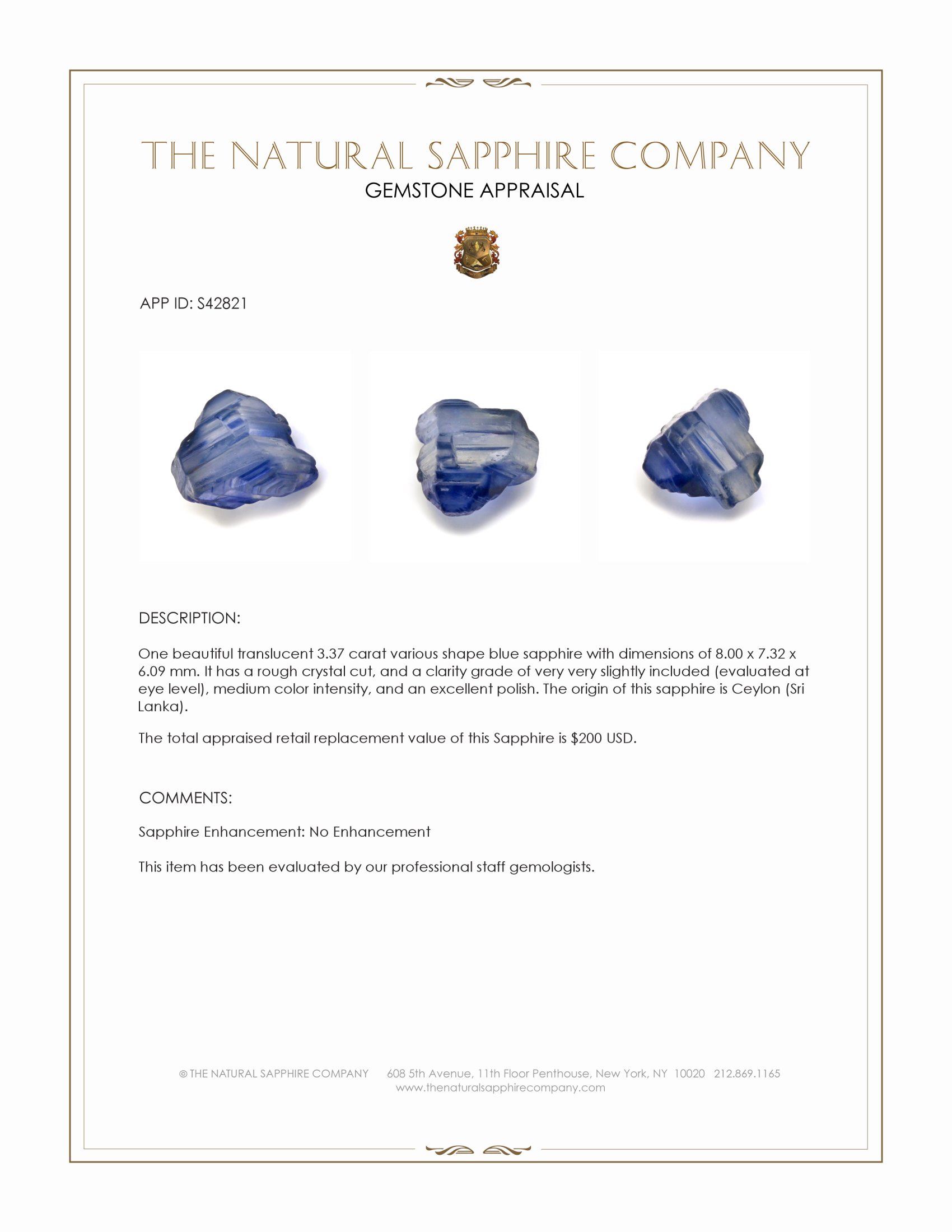 3.37 Ct. Blue Sapphire from Ceylon (Sri Lanka)