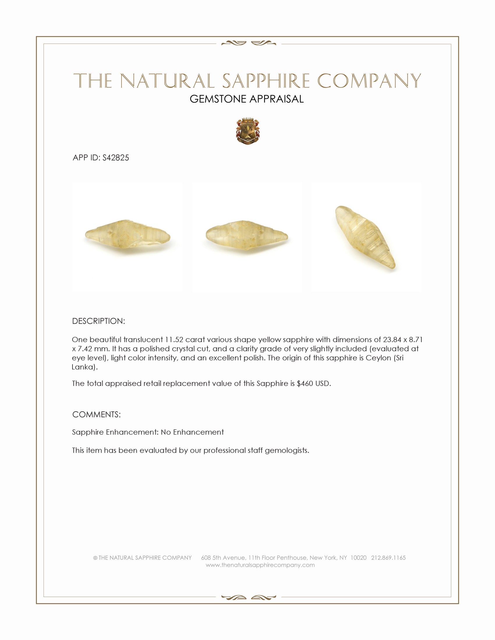 11.52 Ct. Yellow Sapphire Crystal from Ceylon (Sri Lanka)