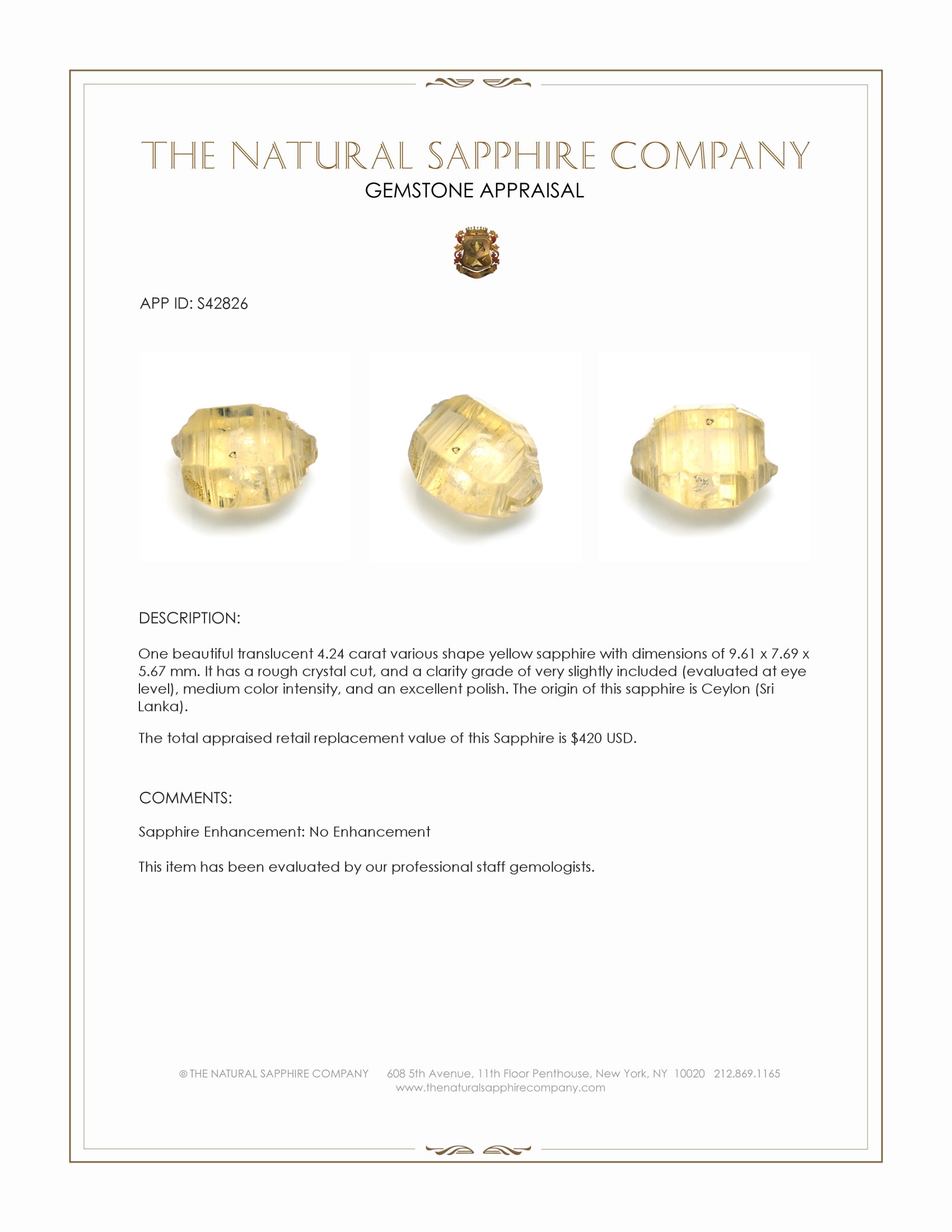 4.24 Ct. Yellow Sapphire from Ceylon (Sri Lanka)
