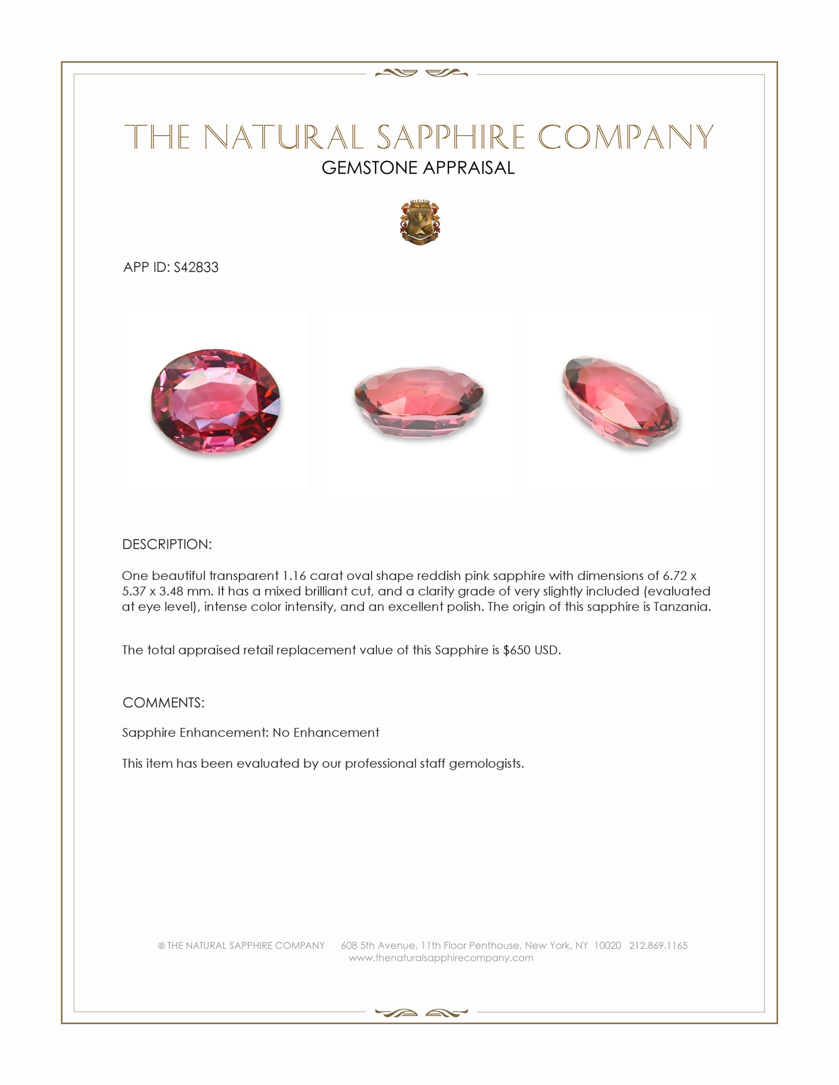 1.16 Ct. Reddish Pink Sapphire from Tanzania