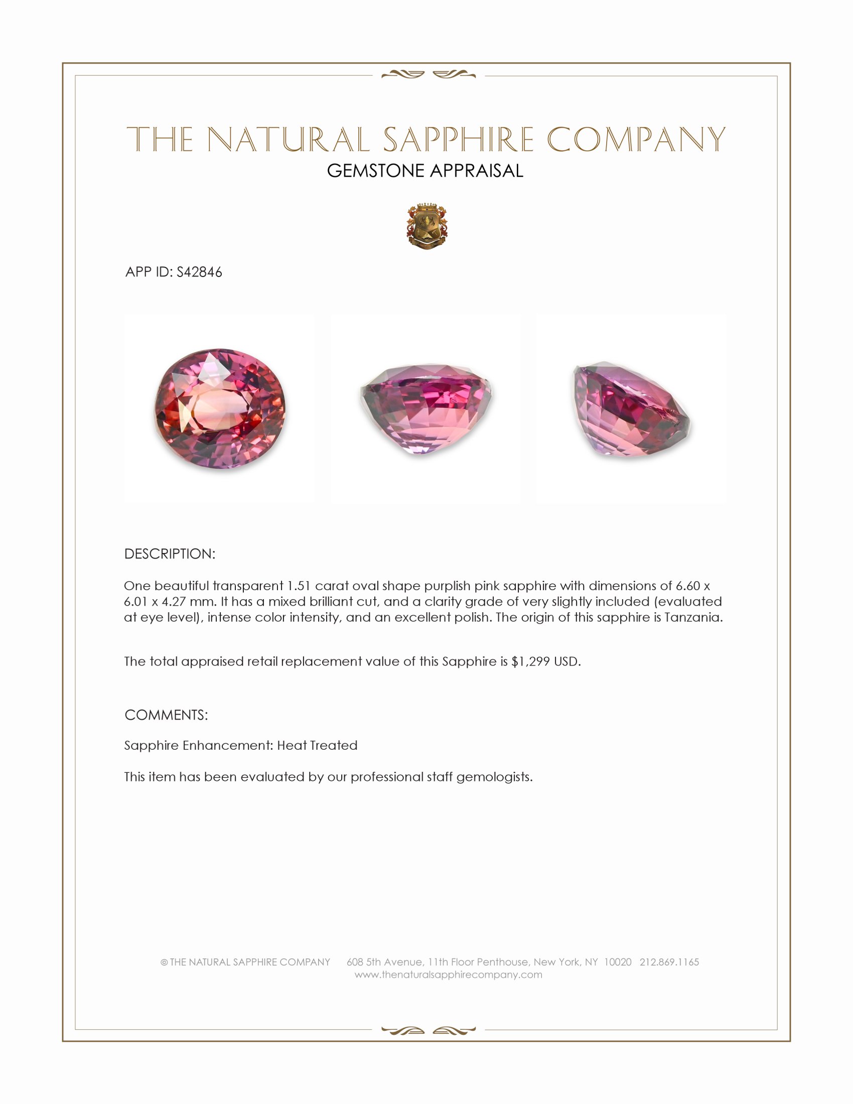 1.51 Ct. Purplish Pink Sapphire from Tanzania