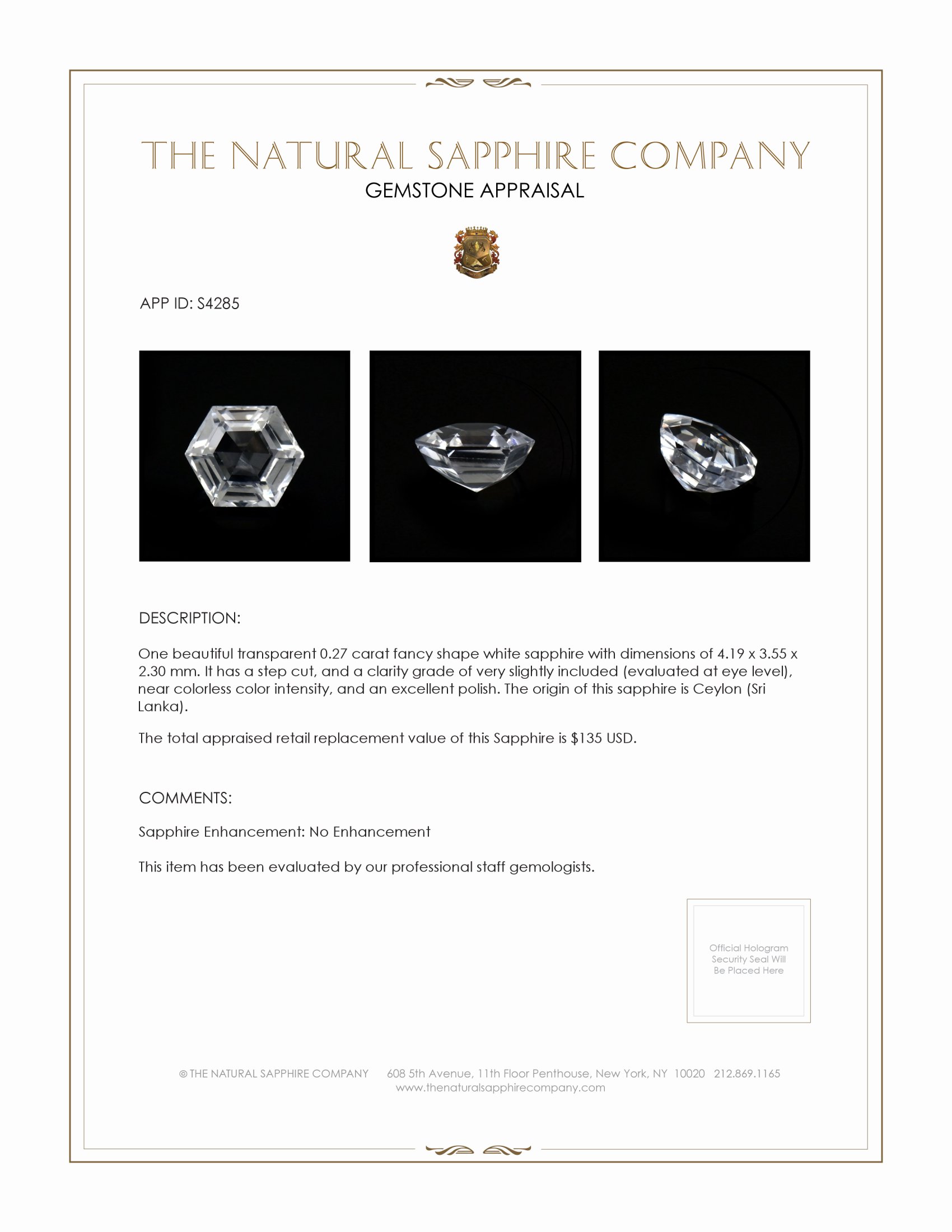 0.27 Ct. White Sapphire from Ceylon (Sri Lanka)