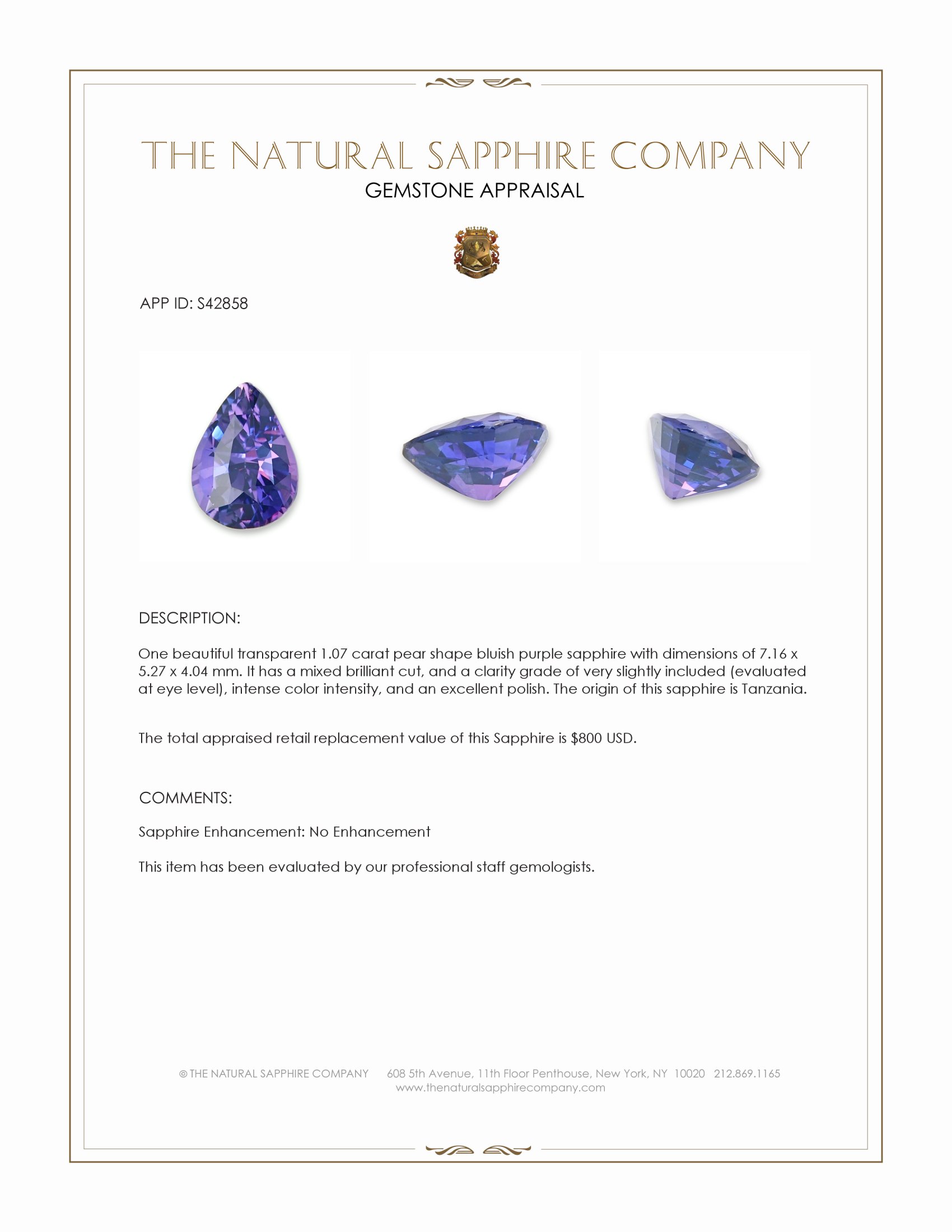 1.07 Ct. Bluish Purple Sapphire from Tanzania