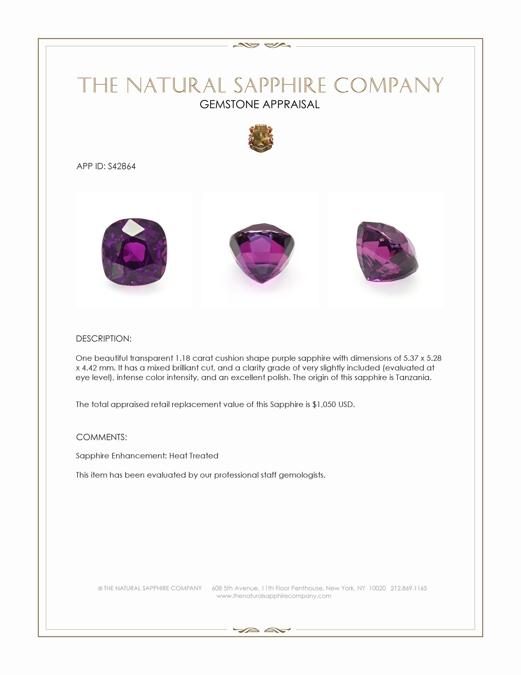 1.18 Ct. Purple Sapphire from Tanzania