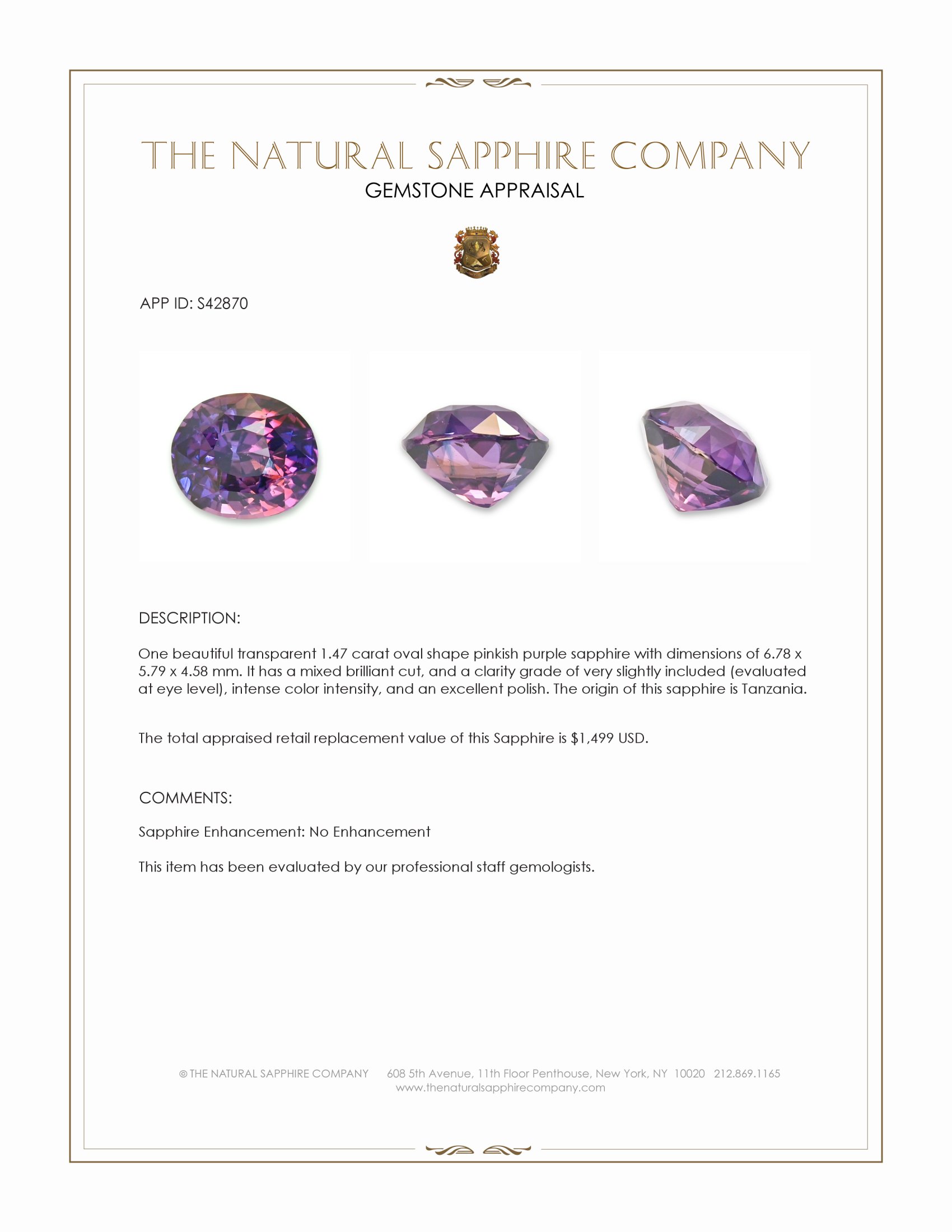 1.47 Ct. Pinkish Purple Sapphire from Tanzania
