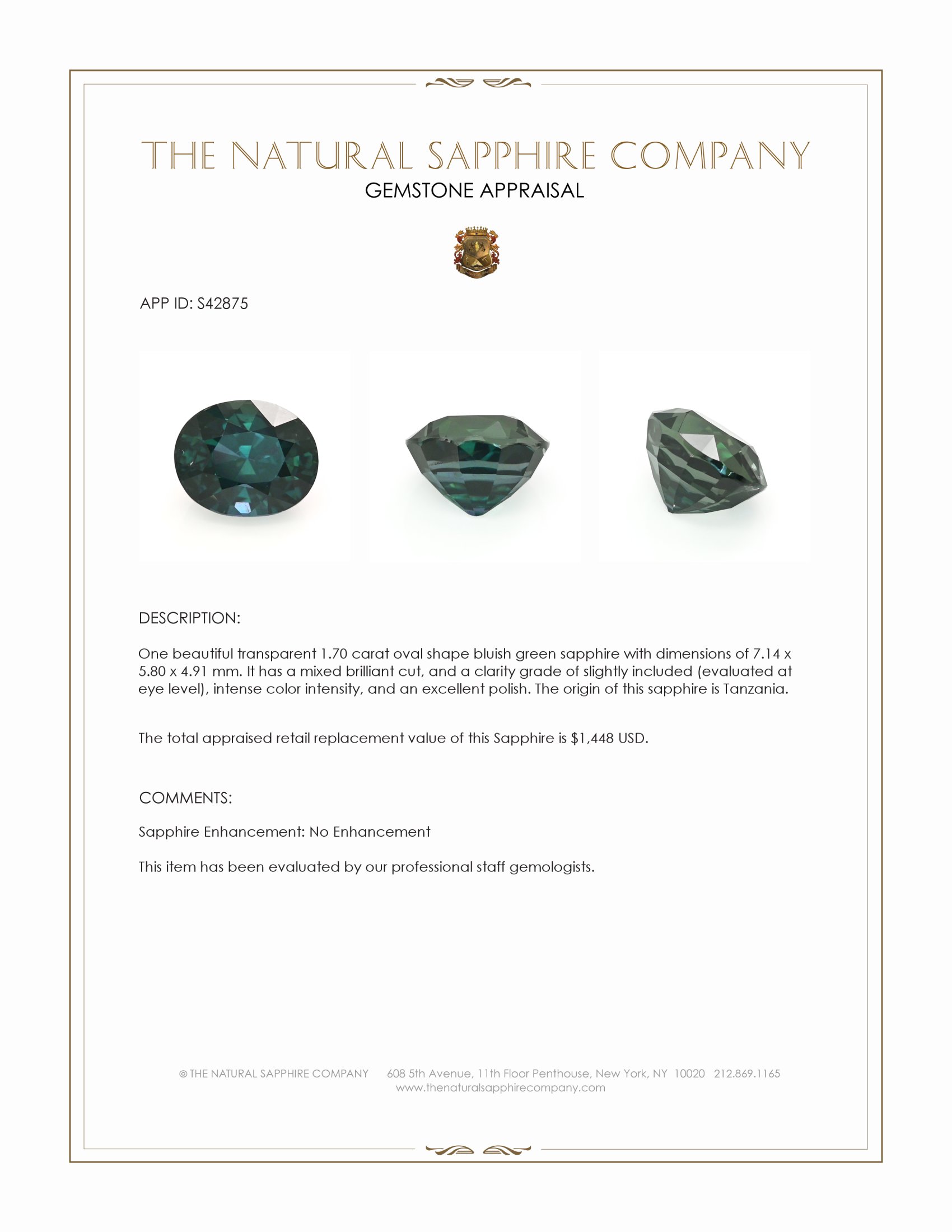 1.70 Ct. Bluish Green Sapphire from Tanzania