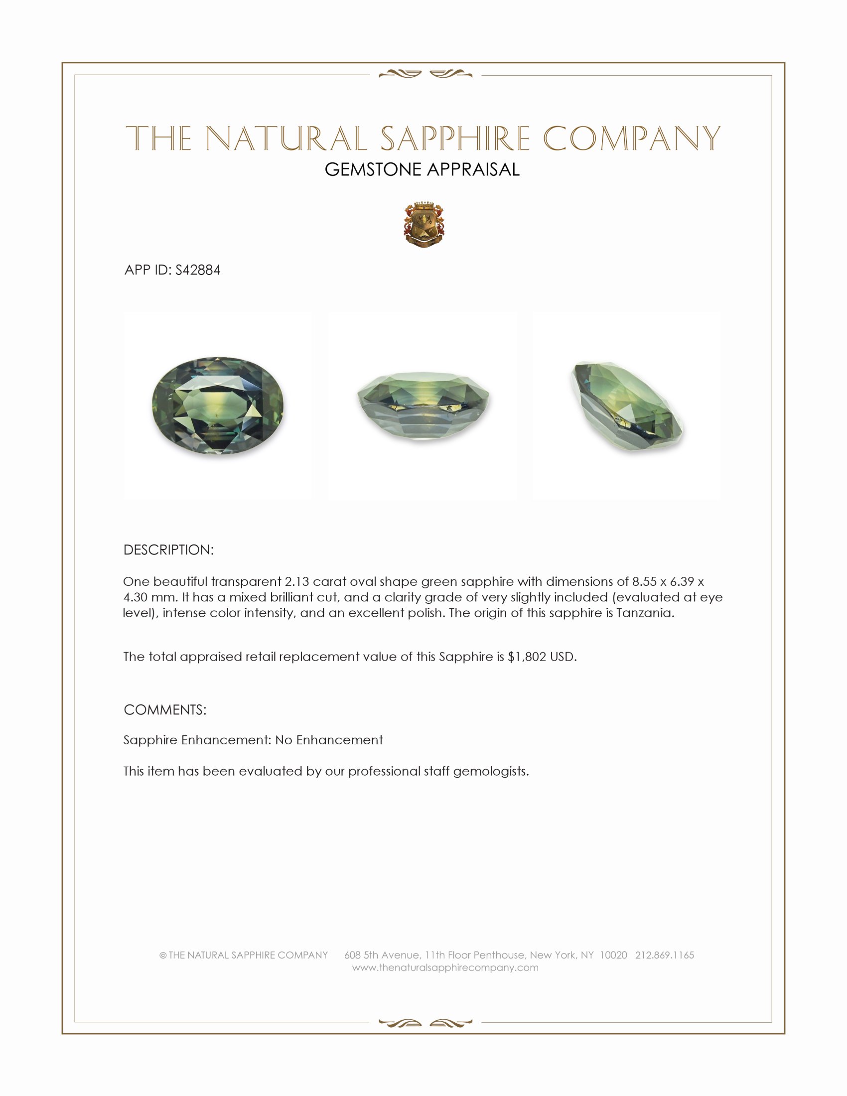 2.13 Ct. Green Sapphire from Tanzania