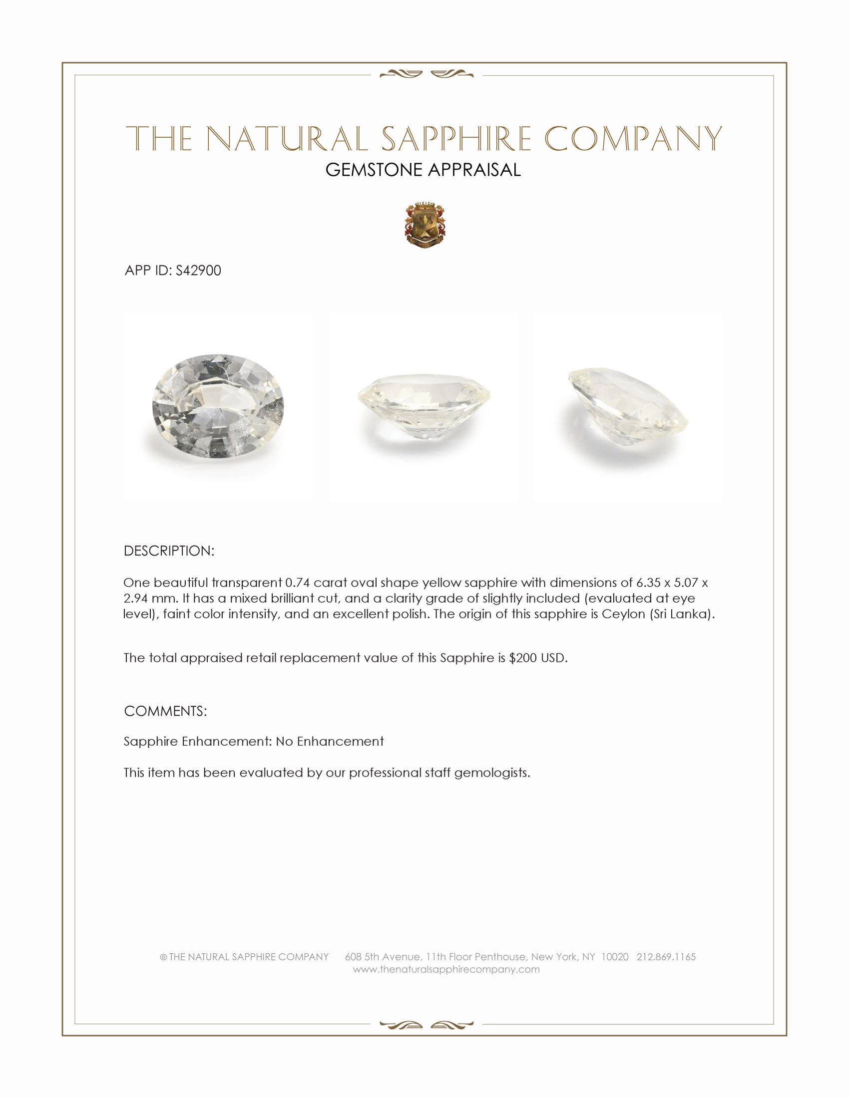 0.74 Ct. Yellow Sapphire from Ceylon (Sri Lanka)