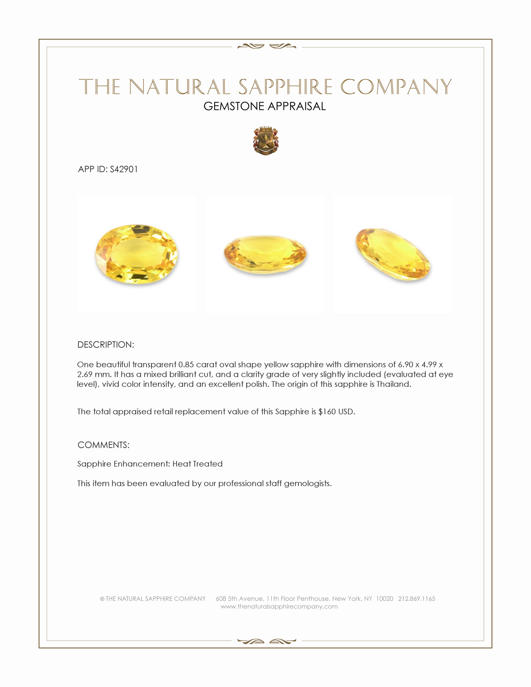 0.85 Ct. Yellow Sapphire from Thailand