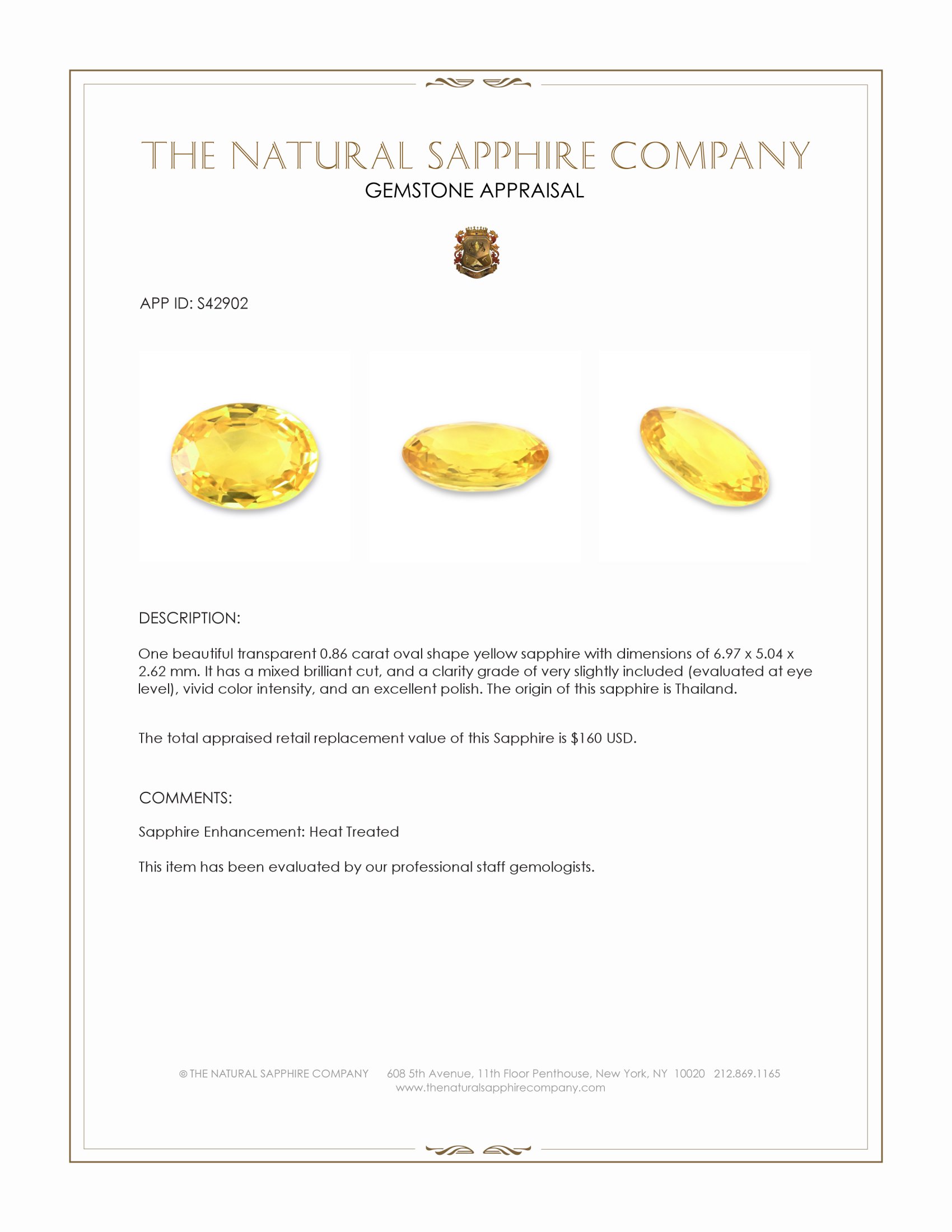 0.86 Ct. Yellow Sapphire from Thailand