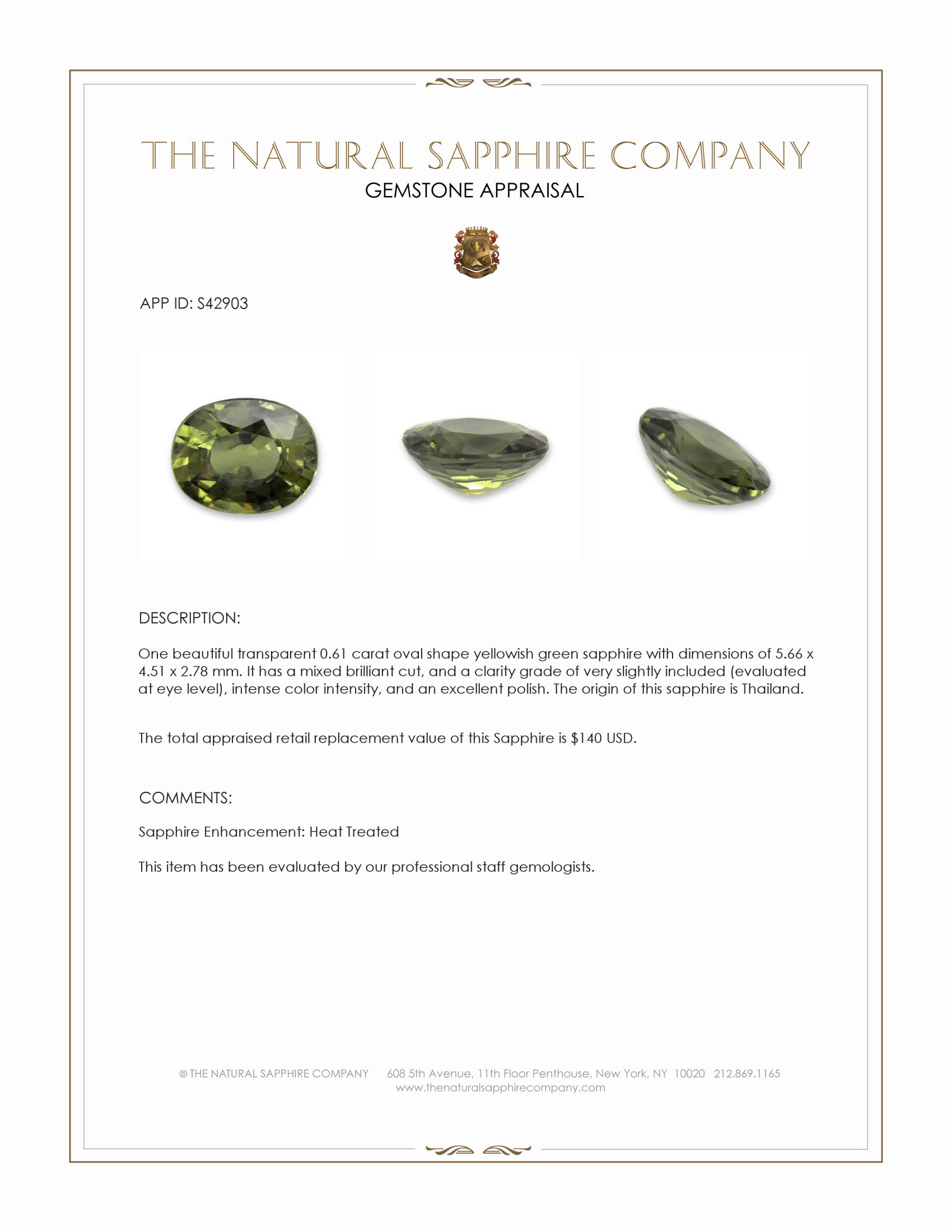 0.61 Ct. Yellowish Green Sapphire from Thailand