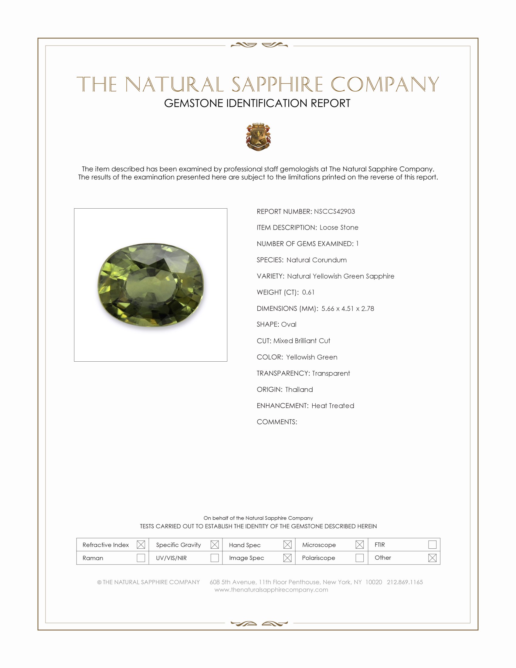0.61 Ct. Yellowish Green Sapphire from Thailand