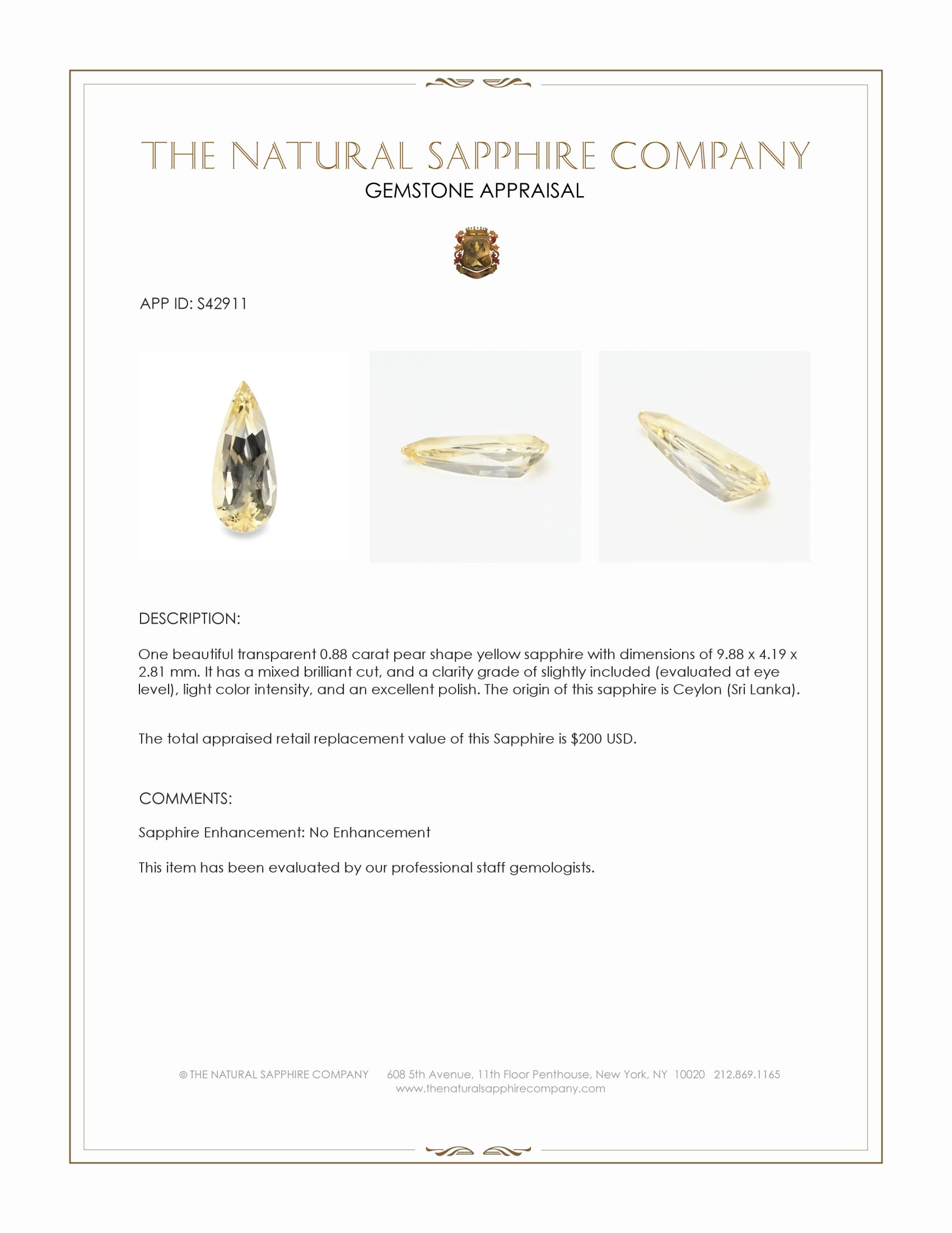 0.88 Ct. Yellow Sapphire from Ceylon (Sri Lanka)