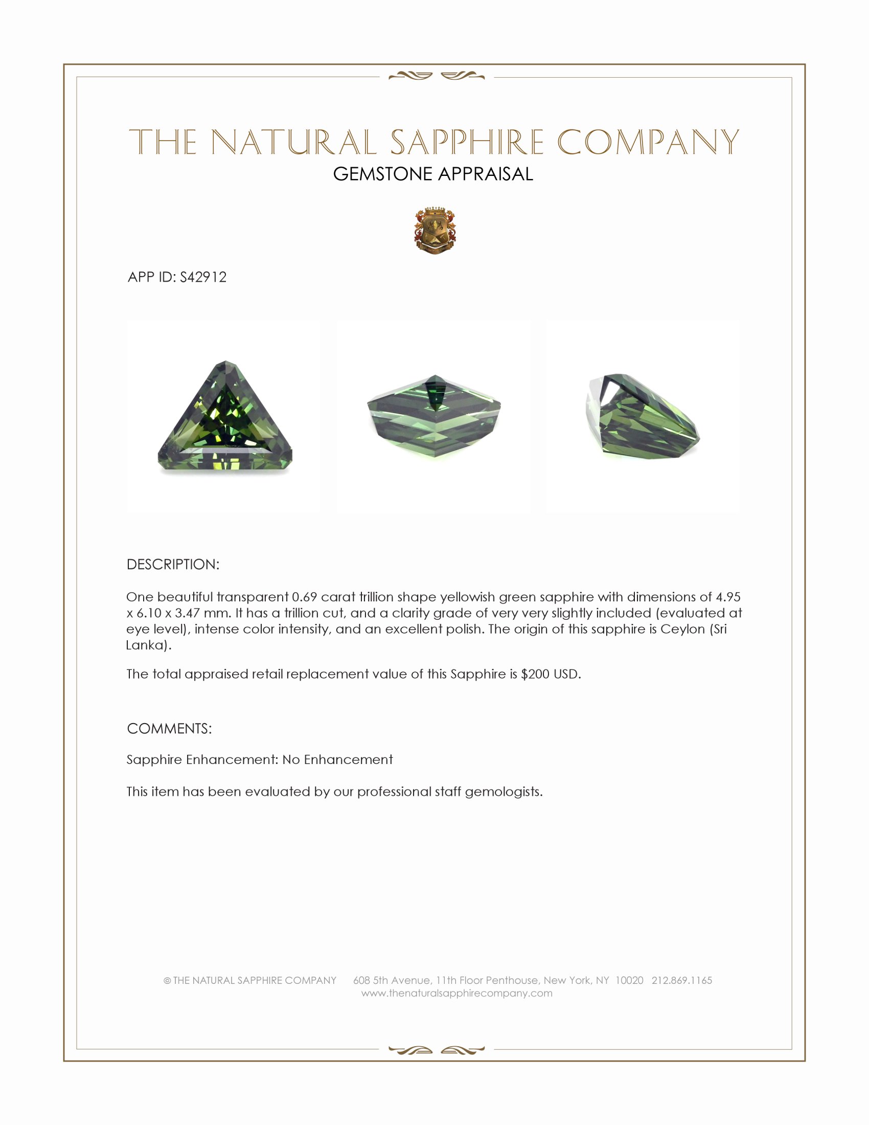 0.69 Ct. Yellowish Green Sapphire from Ceylon (Sri Lanka)