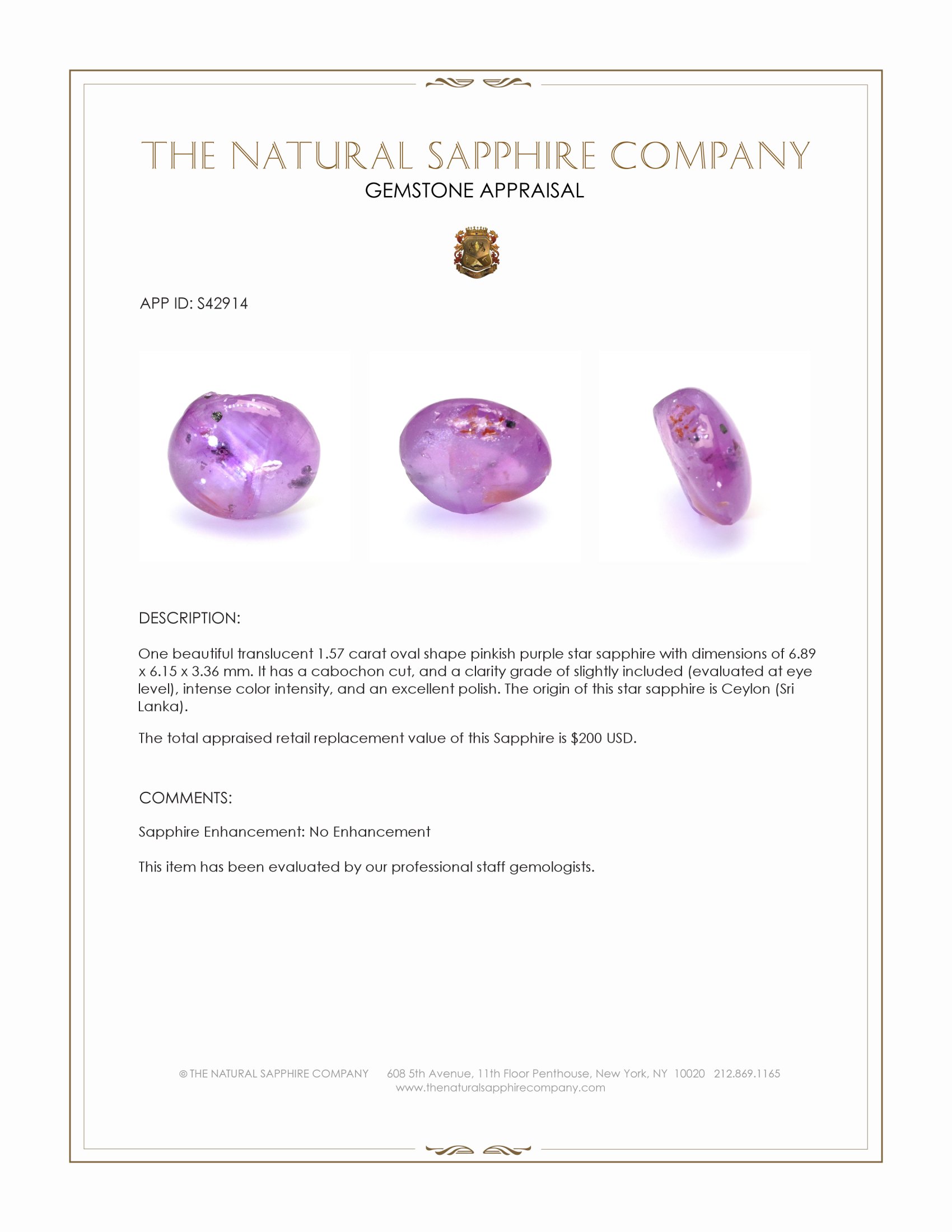 1.57 Ct. Pinkish Purple Star Sapphire from Ceylon (Sri Lanka)