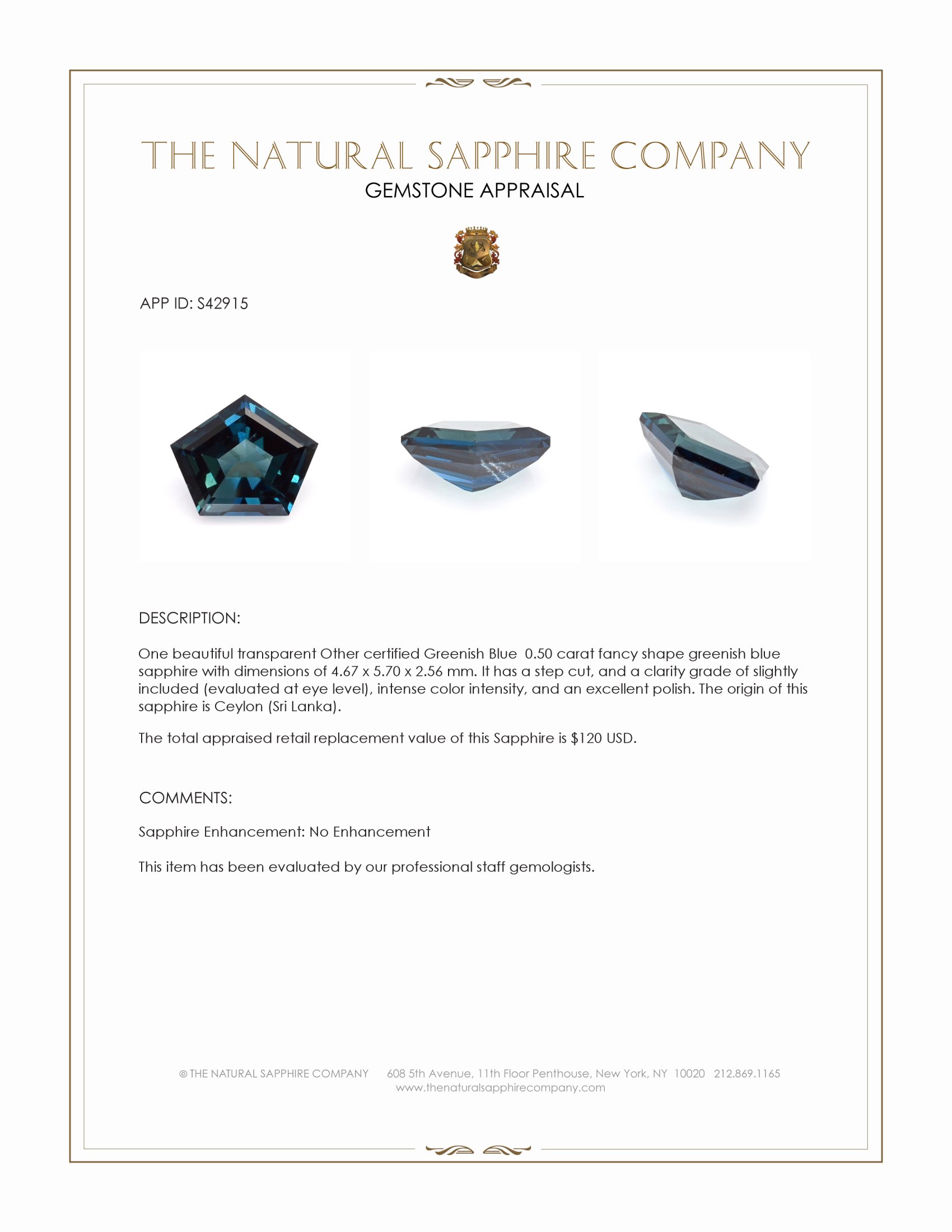 0.50 Ct. Greenish Blue Sapphire from Ceylon (Sri Lanka)