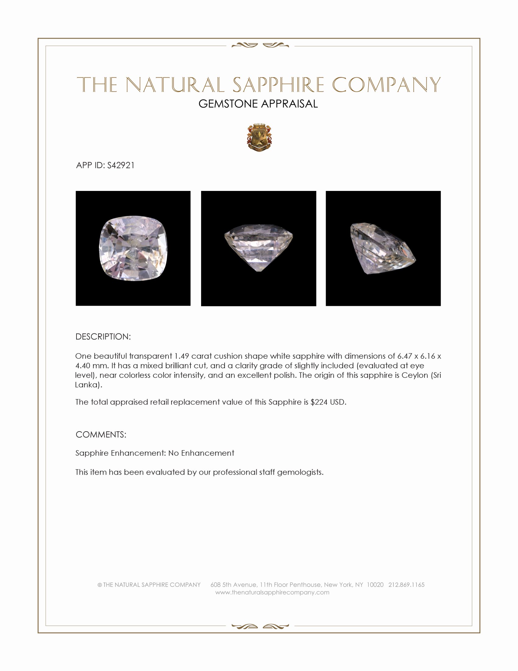 1.49 Ct. White Sapphire from Ceylon (Sri Lanka)