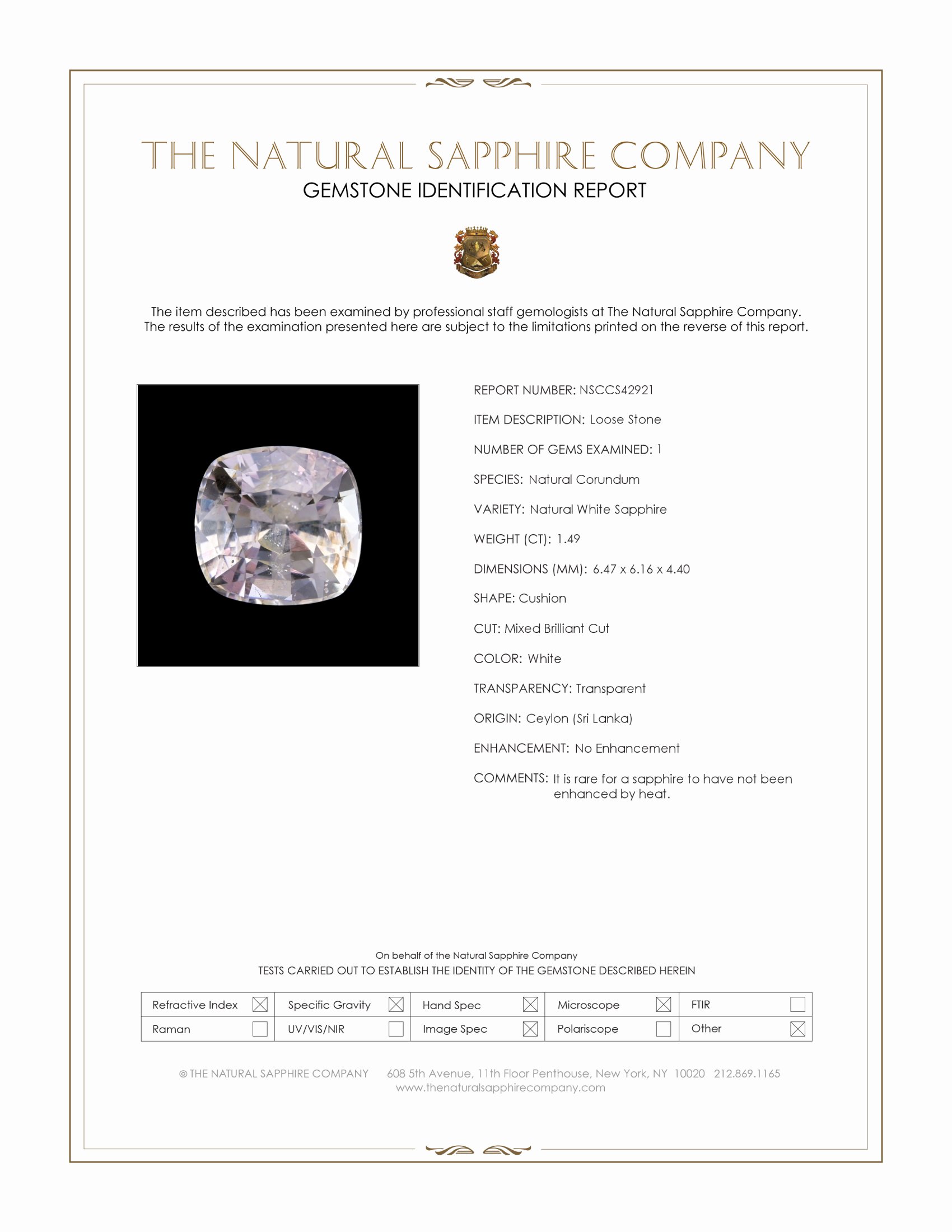 1.49 Ct. White Sapphire from Ceylon (Sri Lanka)