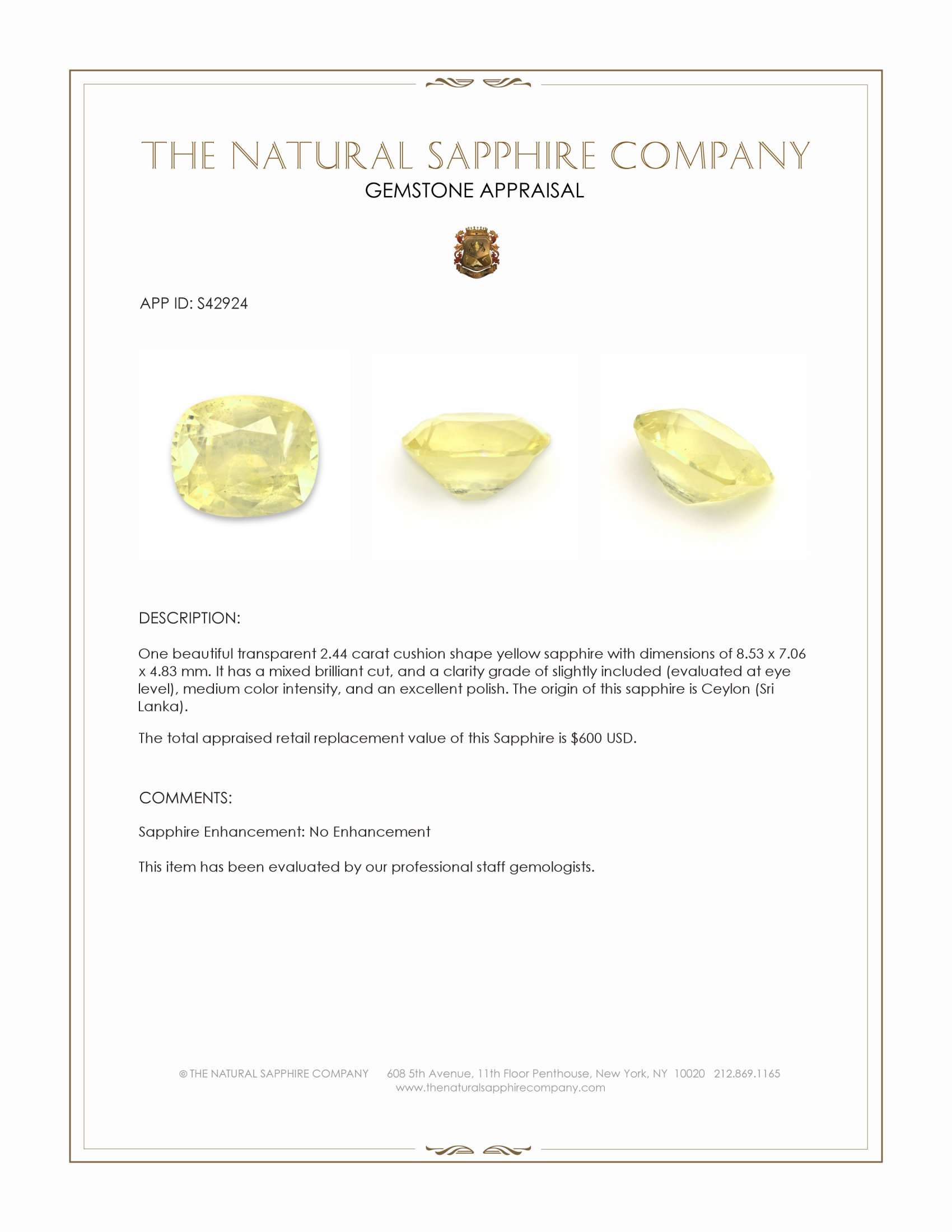 2.44 Ct. Yellow Sapphire from Ceylon (Sri Lanka)