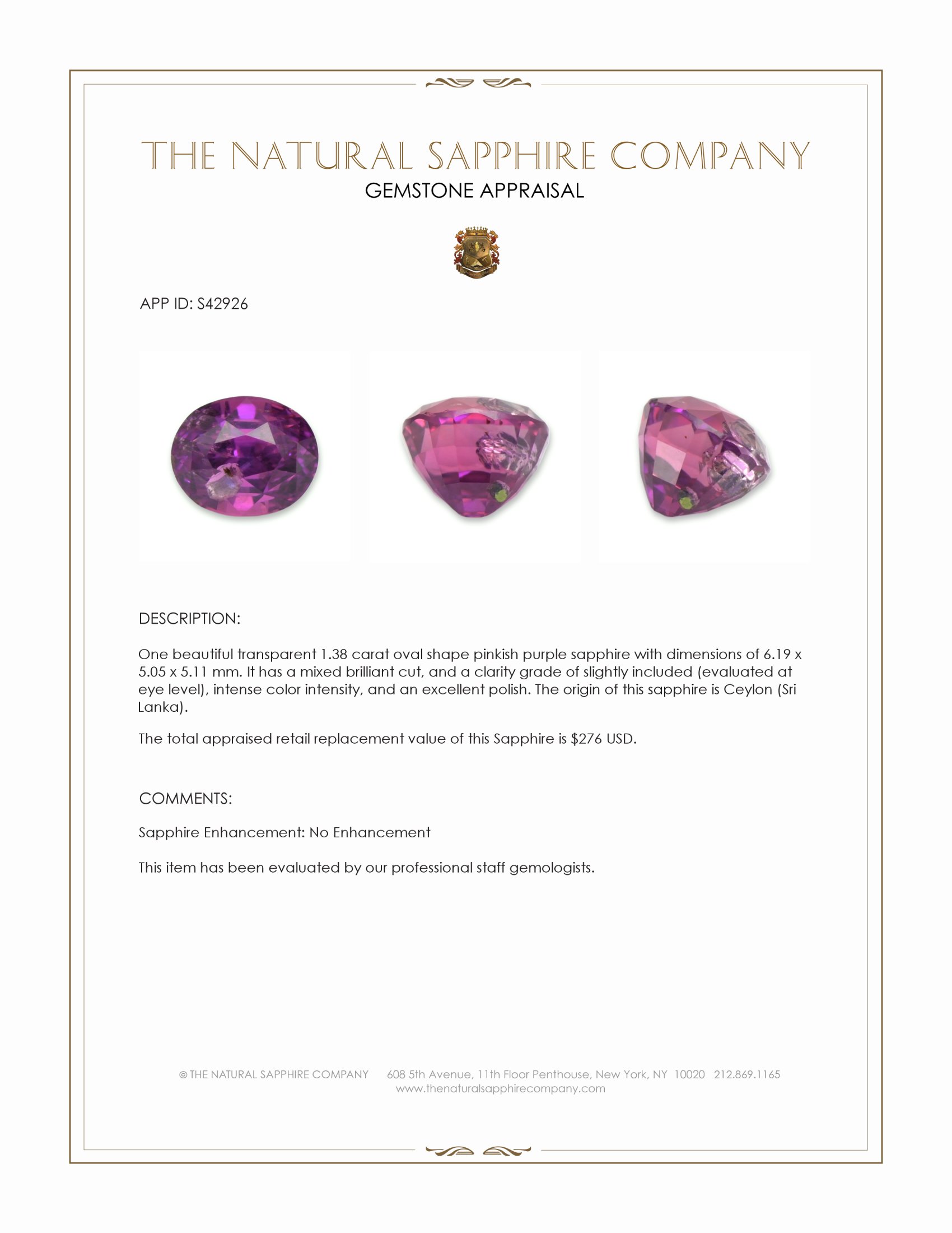 1.38 Ct. Pinkish Purple Sapphire from Ceylon (Sri Lanka)